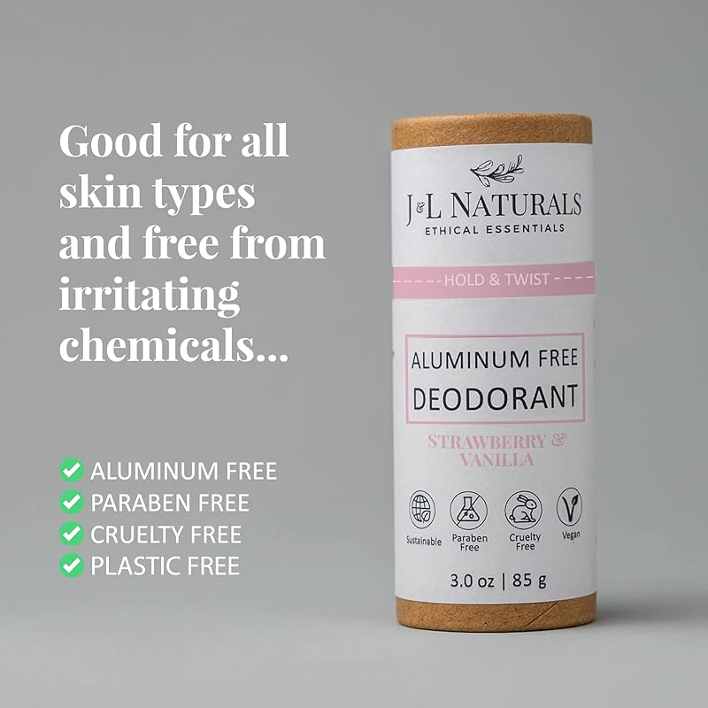J&L Naturals Aluminum Free Deodorant for Men & Women | 100% Natural Ingredients With Coconut Oil, Shea Butter, & Essential Oils | Sustainable, Eco-Friendly (Strawberry & Vanilla, 3.0 Oz (Pack of 4))