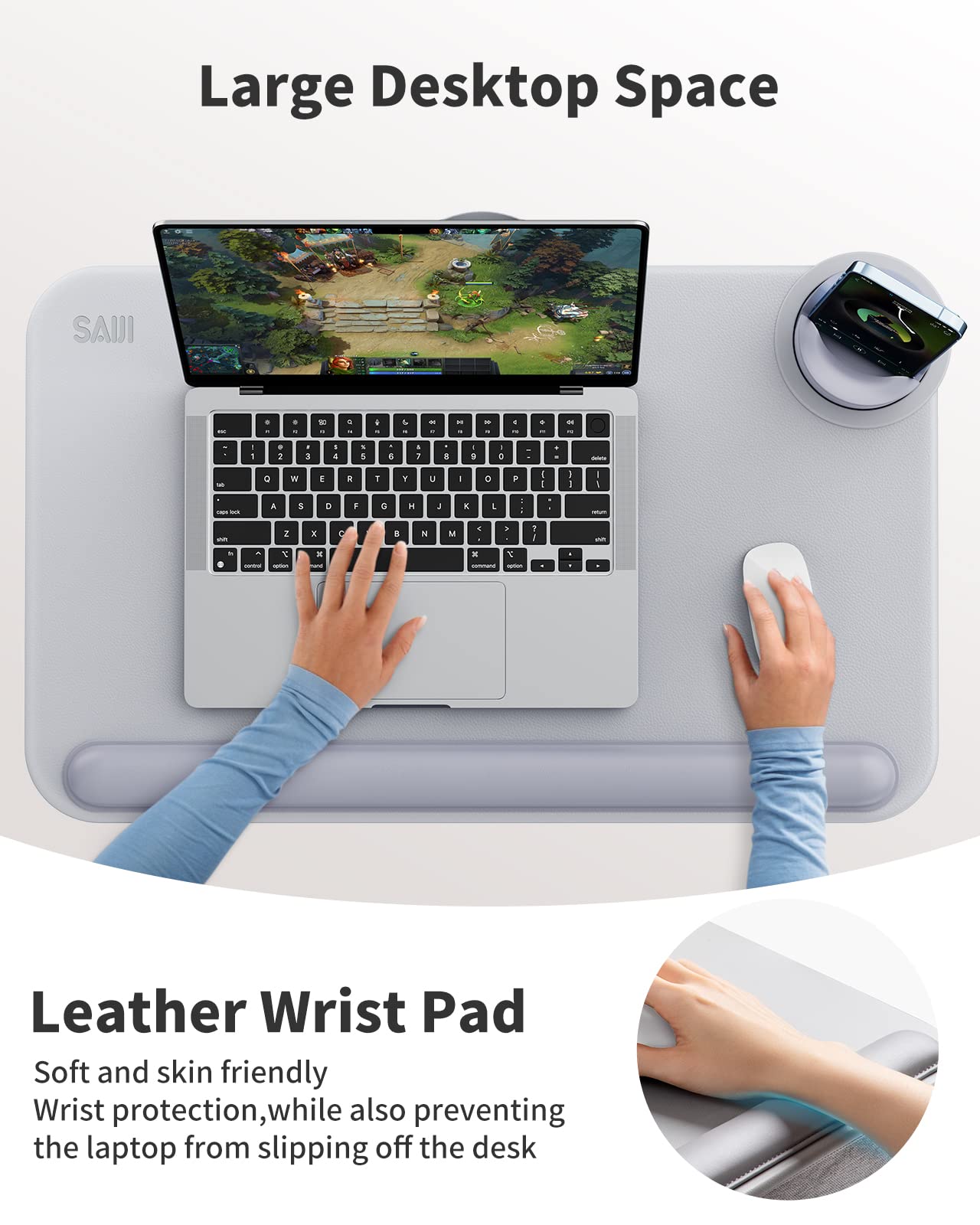 SAIJI Laptop Lap Desk for Bed—Fits Up to 17" Laptops & MacBook,Lightweight Tray Table with Soft Leather Wrist Pad,Sturdy Phone/Tablet Holder, Laptop Stand with Cushion for Home Office/Gaming On Couch