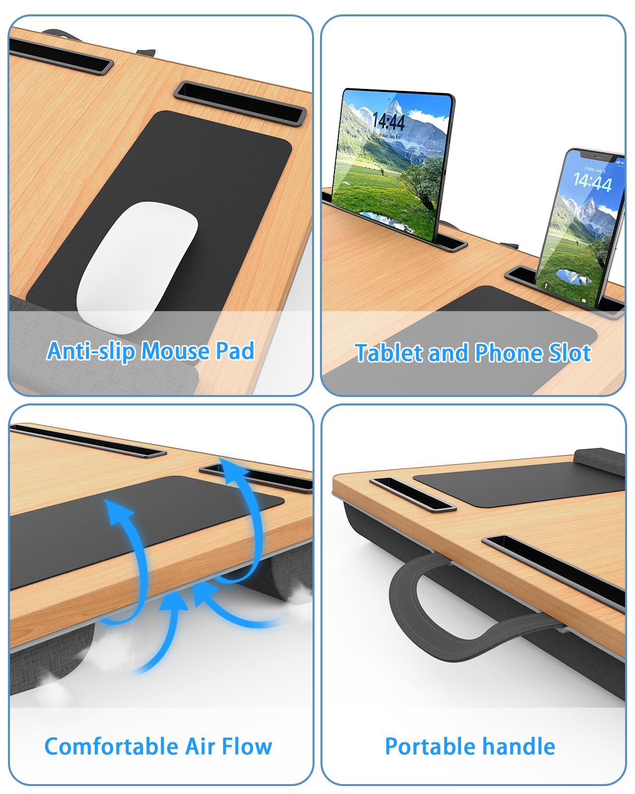 HETTHI Laptop Lap Desk, Portable Large Laptop Desk for Bed, Up to 17 in Lap Table with Wrist Rest, Mouse Pad, Tablet Phone Slot, Portable Handle, Cushion (Light Brown)