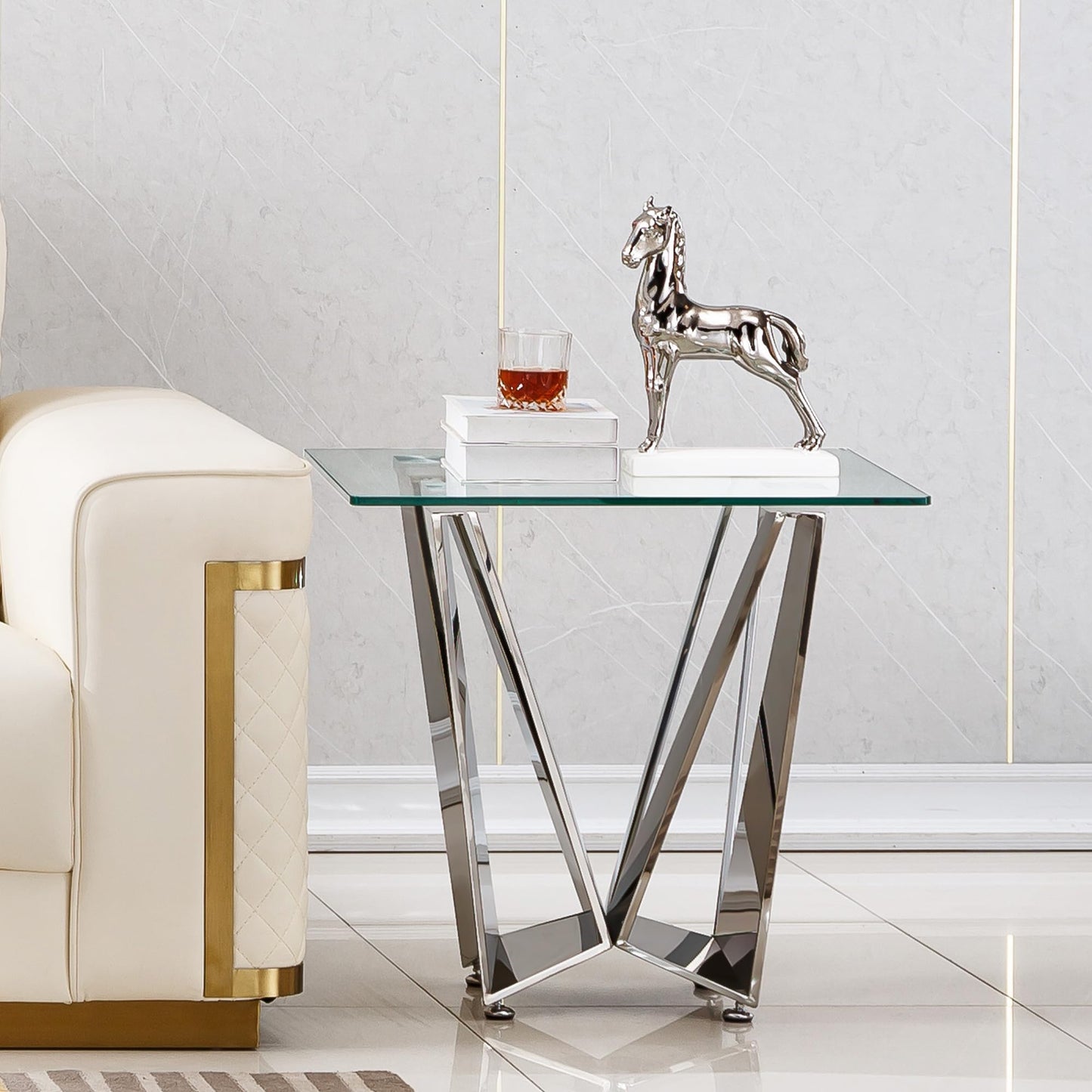 Glass Living Room Table Set of 3, Modern Glass Cofee Tables Set with Stainless Steel Base for Living Room Bedroom, Rectangle Glass Coffee Table and end Table Sets