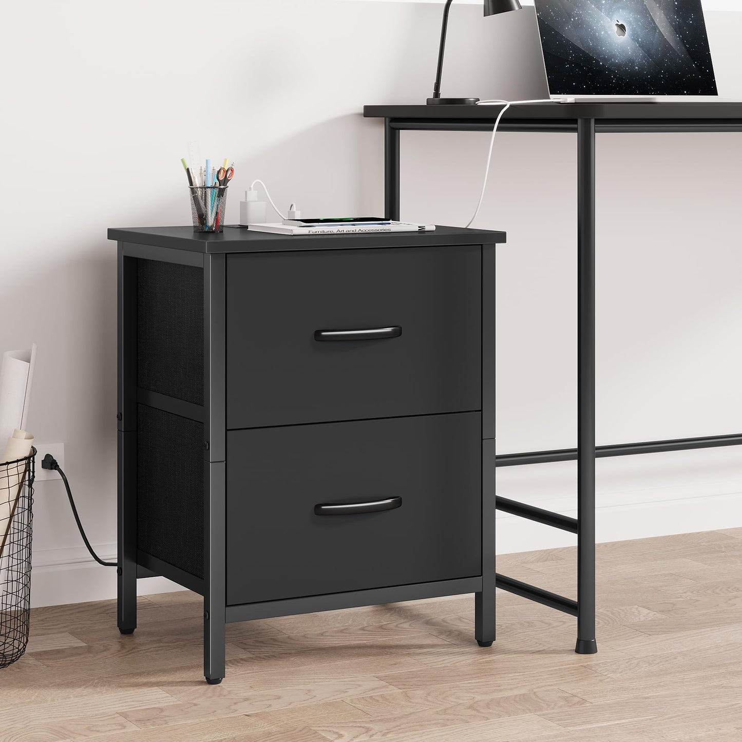 Vagusicc Nightstand Set of 2 with Charging Station, End Table Bedside Table with Power Outlet & USB Ports, Side Table with 2 Fabric Drawers for Bedroom, Living Room, Black
