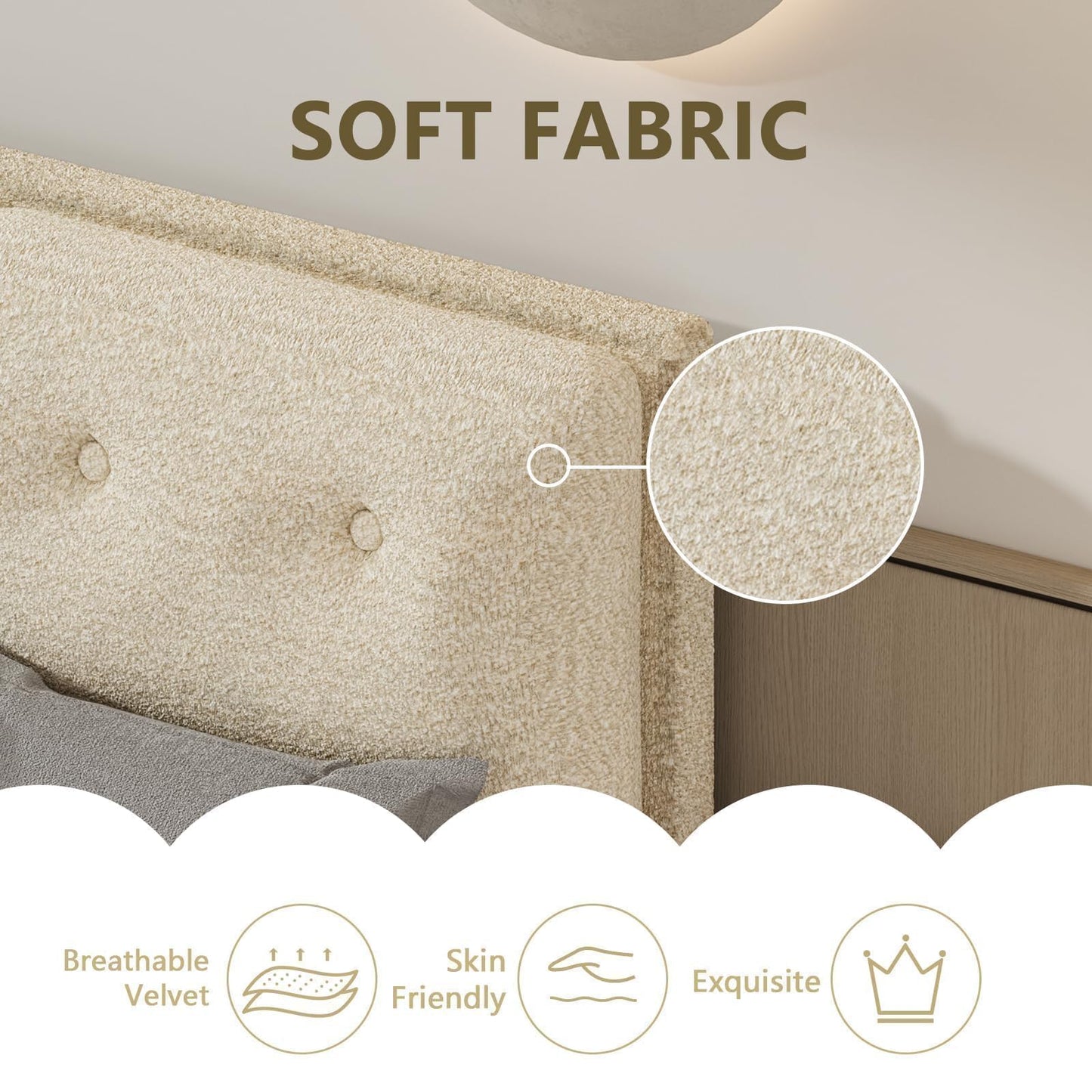 Full Size Bed Frame, Boucle Upholstered Platform Bed Frame with Soft Headboard, Sofa-Style Cushions, Wooden Slats Support, Low Profile Bed Frame, No Box Spring Needed, Easy Assembly, Cream