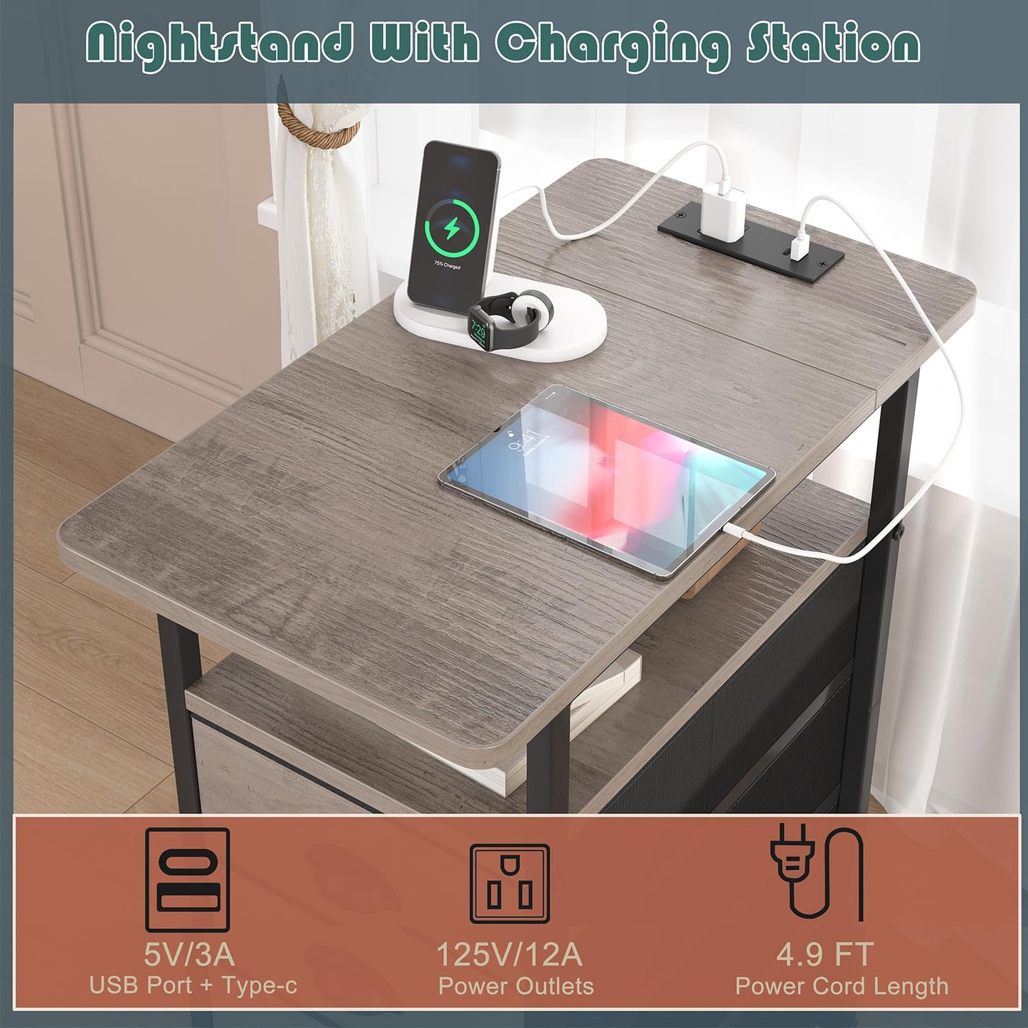 sthmec End Table with Charging Station, Side Tables Livingroom with USB Ports and Outlets,Narrow Nightstands Bedside Tables with 3 Drawers for Small Space,Slim Sofa Table Bedroom,Grey