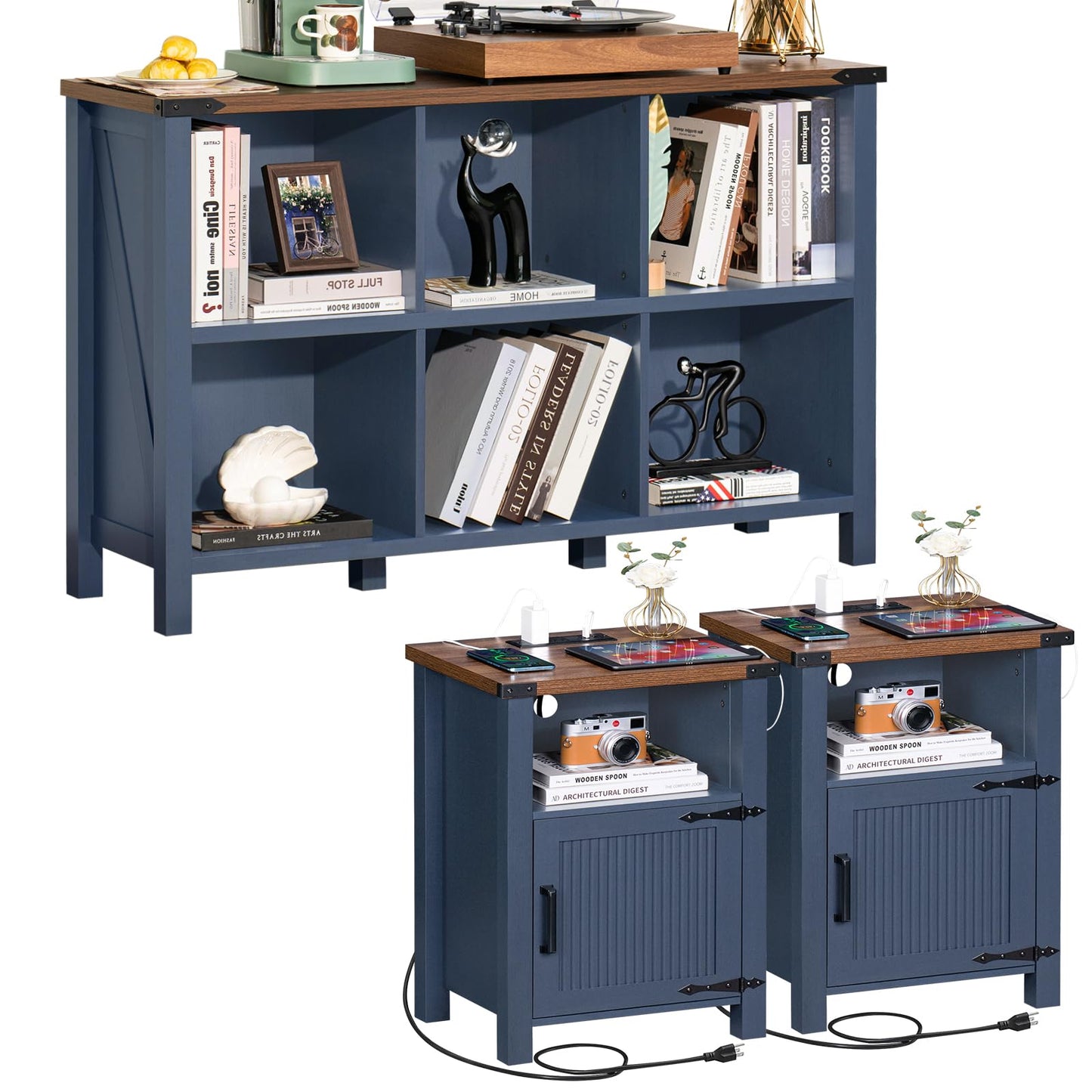 Joaxswe Night Stand Set of 2, 18 Inch Farmhouse Nightstand with with Charging Station and USB Port, Rustic Couch End Table with Magnetic Door, Wood Bed Side Tables for Bedroom, Home, Navy Blue
