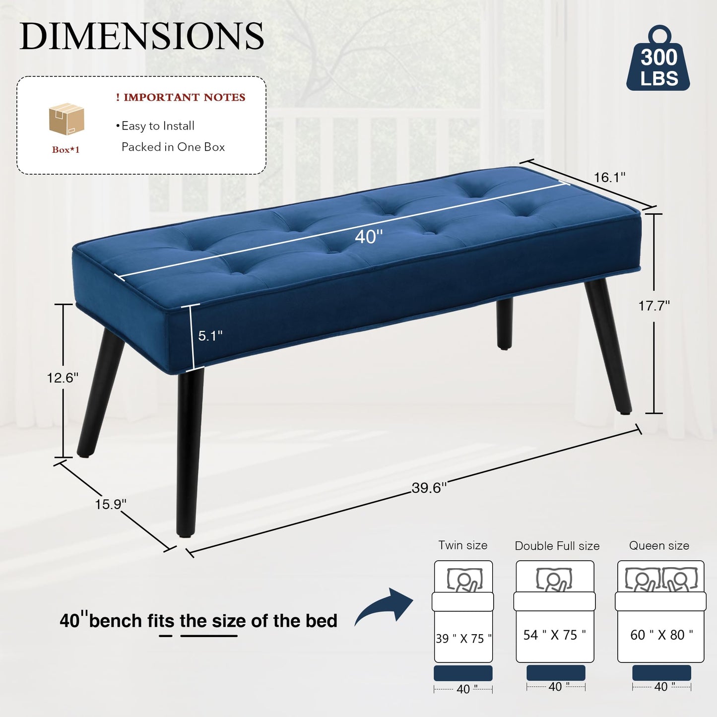 LOULENS 40'' Velvet Tufted Ottoman Bench, Modern Upholstered End of Bed Bench, Comfortable Entryway Bench with Wood Legs, Accent Footrest for Living Room, Dark Blue