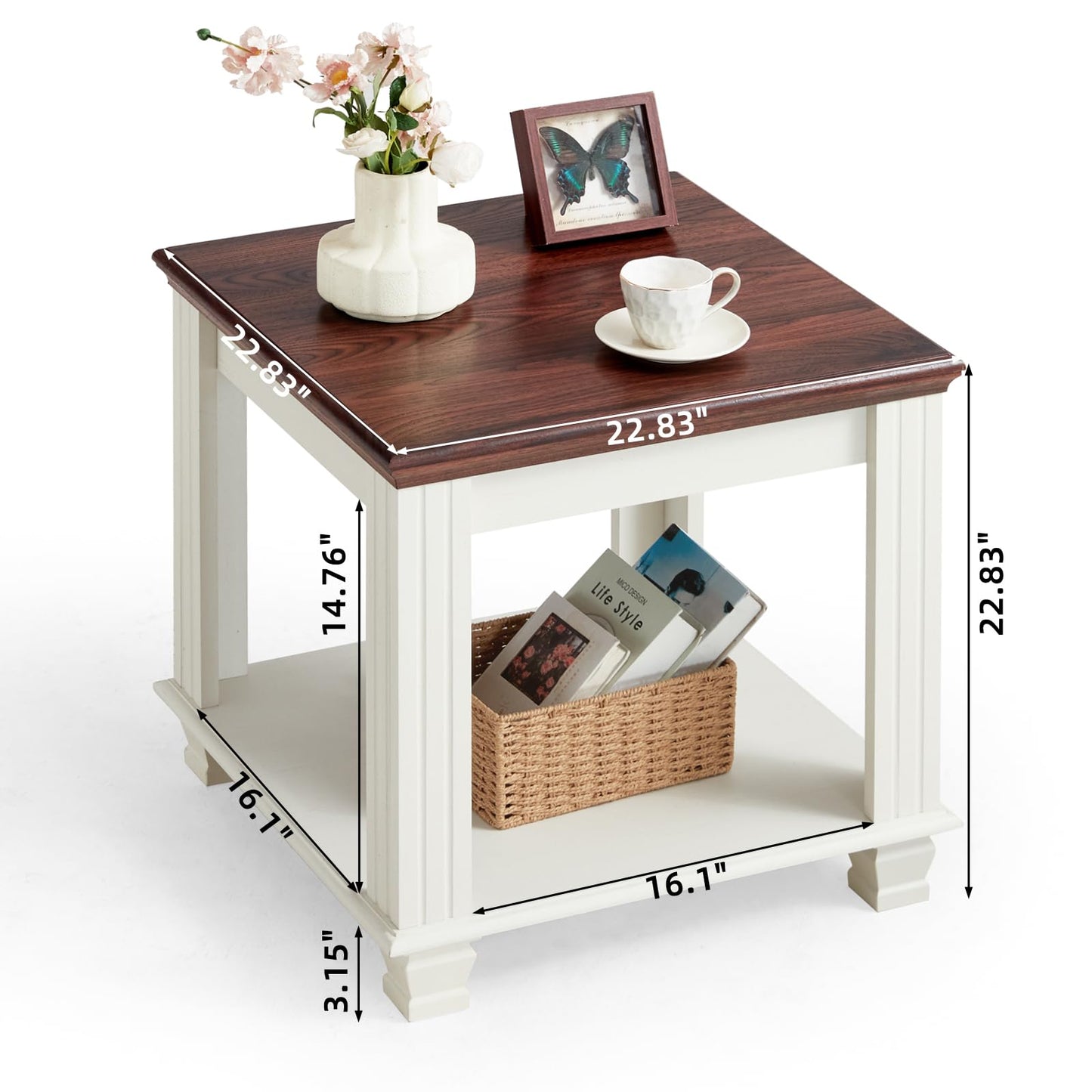 Farmhouse End Table with 2-Tier Storage Shelf, 22.8 inch Side Table for Living Room,Modern Nightstand,Small Bedside Table for Bedroom,White