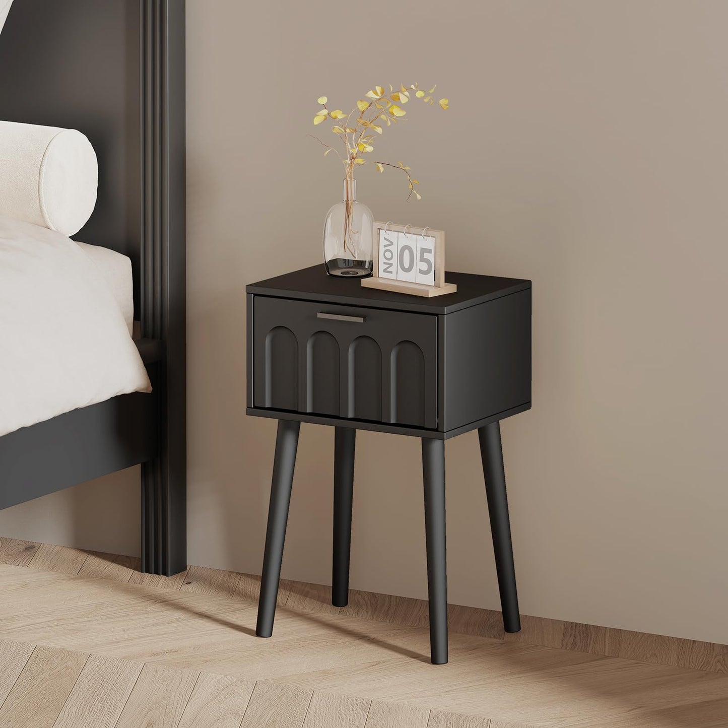 LAATOOREE Nightstand Set of 2, Small Bed Side Table with Arch Door, Mid-Century End Table with Wood Legs for Bedroom, Small Space (Black)