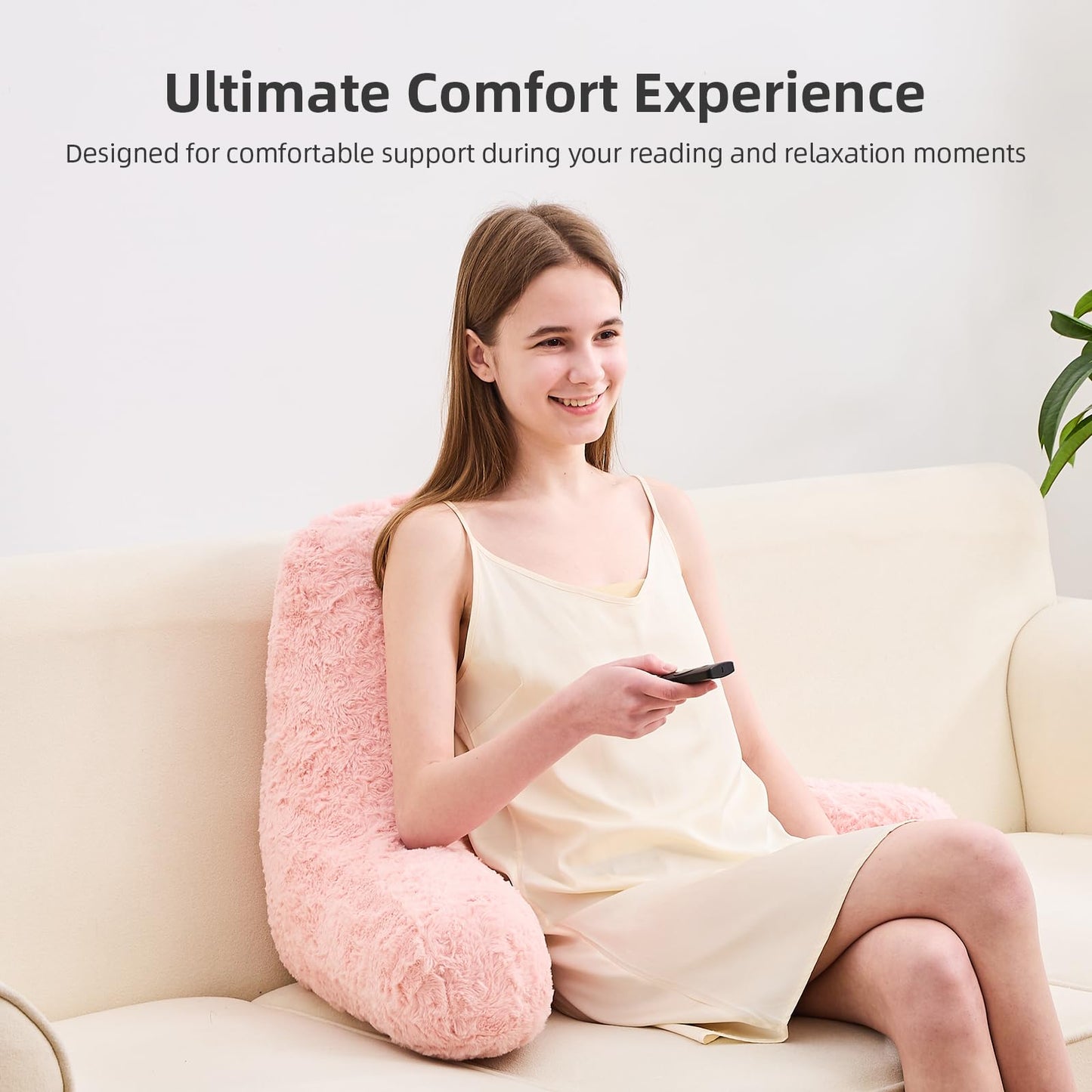 MUFEW Reading Pillow,Rose Velvet Back Pillow with Arms for Bed Sitting Up,Bed Pillow for Adult Children,Backrest Pillows with Washable Cover, Chair Pillow for Watching TV/Gaming/Relaxing (Pink)