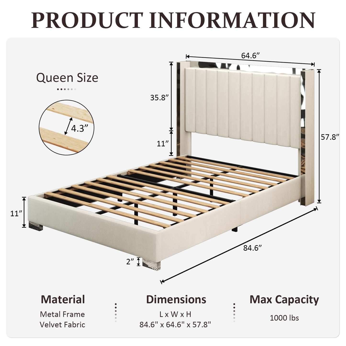 Konprosp Queen Size Bed Frame Velvet Upholstered Platform Bed with 58" Tall Headboard, Channel Tufted Wingback and Plating Trim, Solid Wooden Slats Support, No Box Spring Needed, Beige