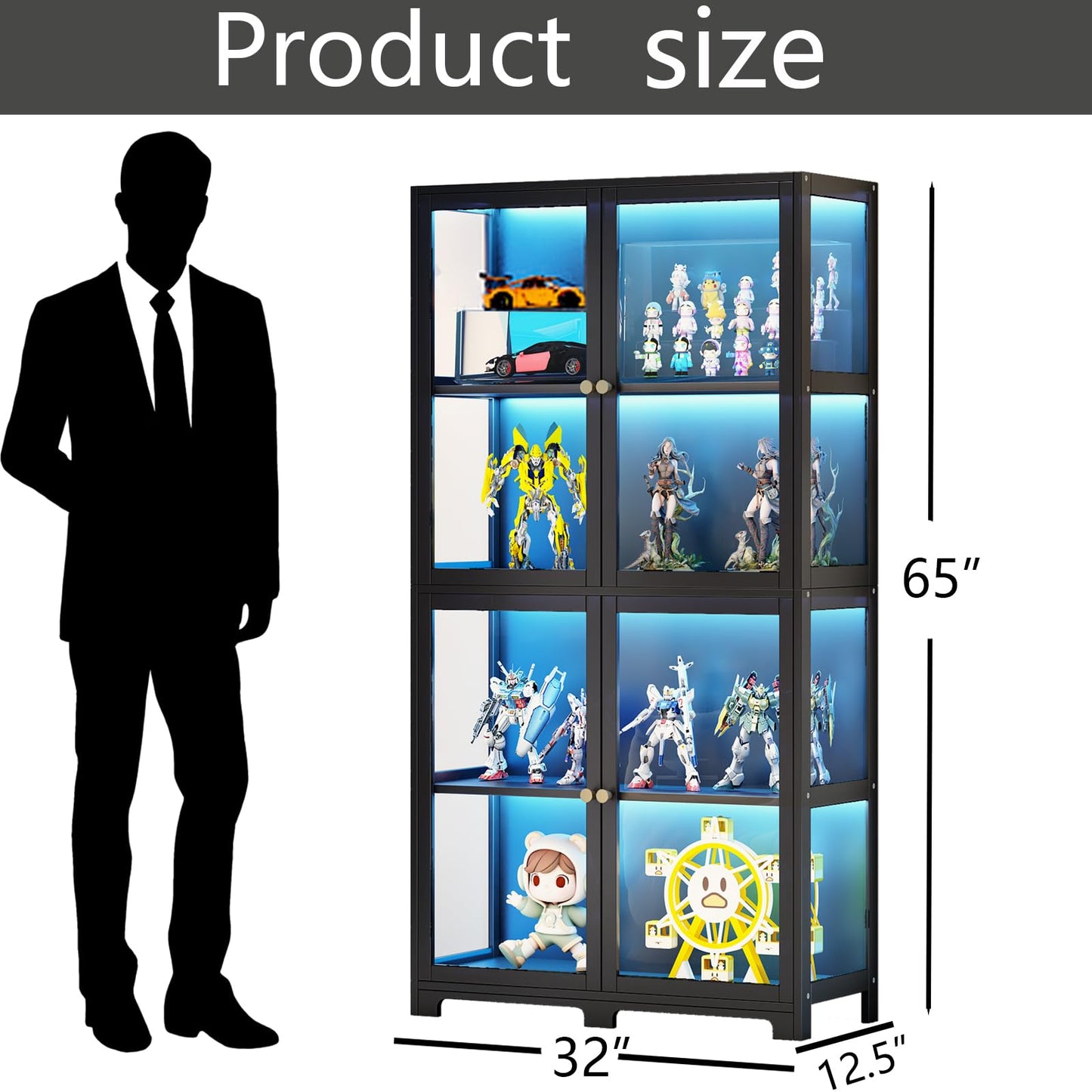 Display Cabinet with Acrylic Glass Door, 4-Tier Curio Cabinet, 65" Display Case for Collectibles, Transparent Curio Case, Toy Organizers Rack & Display Shelf for Home, Office, Playroom, Living Room