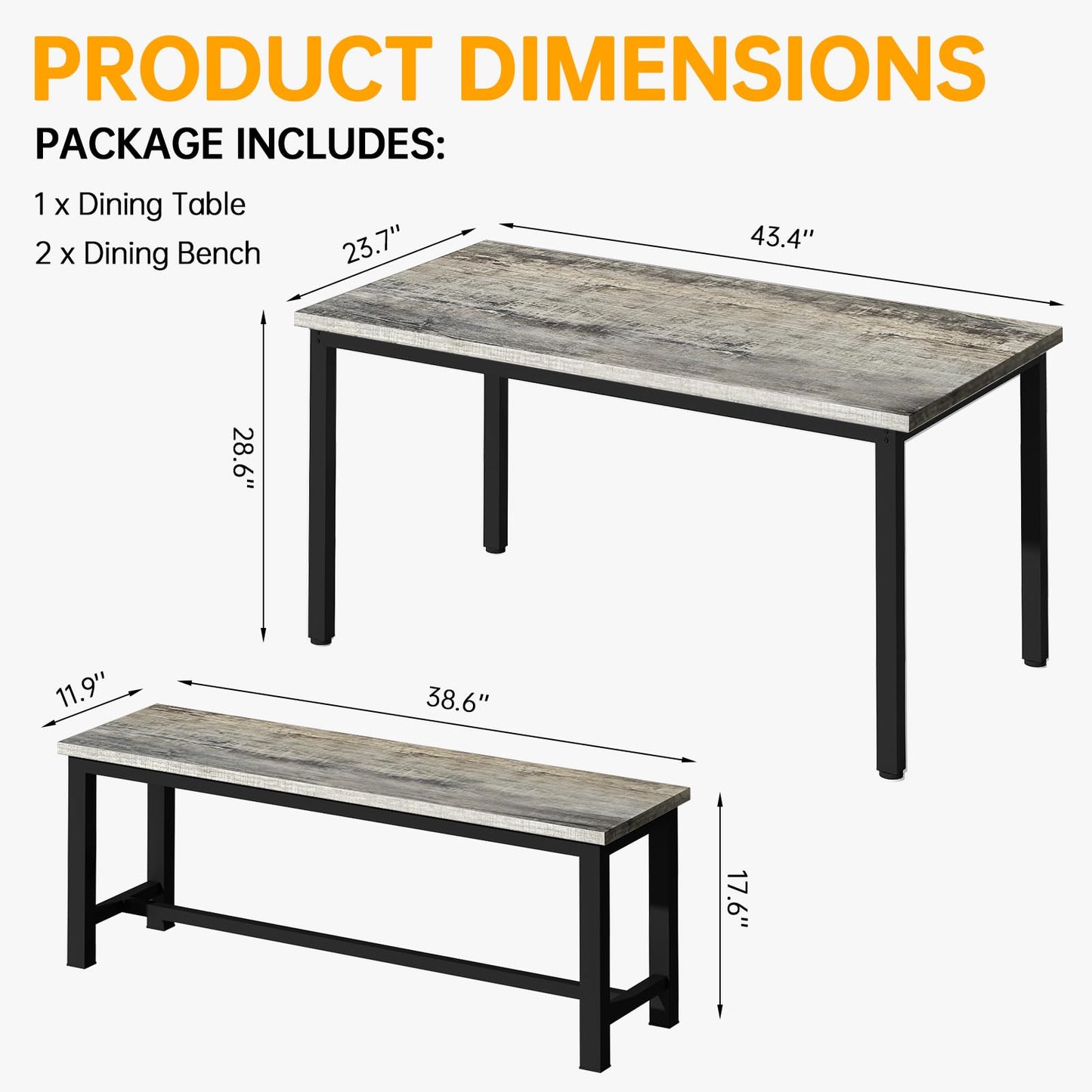 Recaceik Dining Room Table Set for 4, Modern Kitchen Table Set for 4 with 2 Bench for Small Kitchen and Dining Room Furniture (Grey & Black)