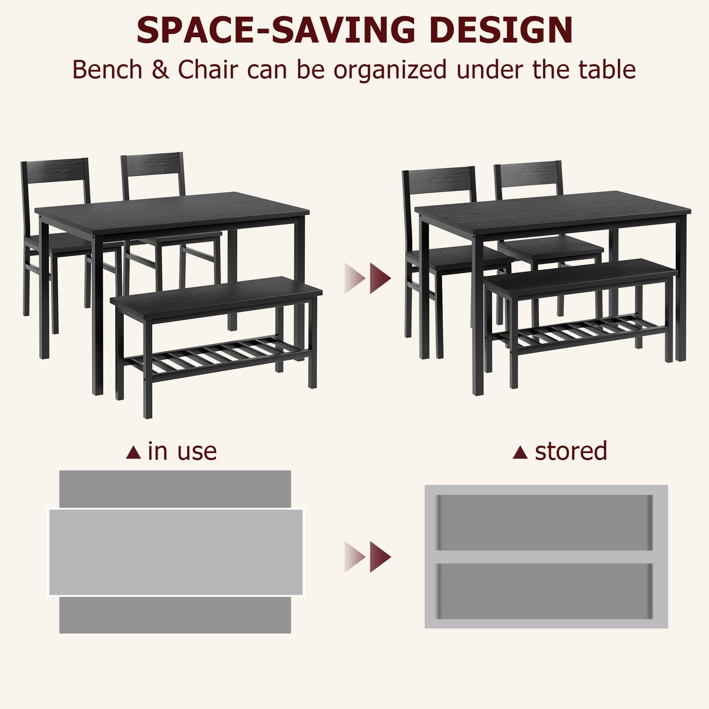 GarveeHome Dining Table Set for 4, Modern Kitchen Table with Chairs and Bench for Small Space, 4-Person Dining Room Table Set with Metal Frame and Storage Rack, Dinette Set for Apartment