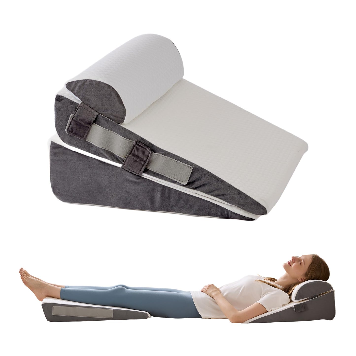WGAKCED 3Pcs Wedge Pillow Set for After Surgery,Acid Reflux Relief, Adjustable Bed Wedge Pillows for Sleeping,Anti Snore, Memory Foam Triangle Pillow for Back&Neck&Shoulder Pain Relief, White&Grey