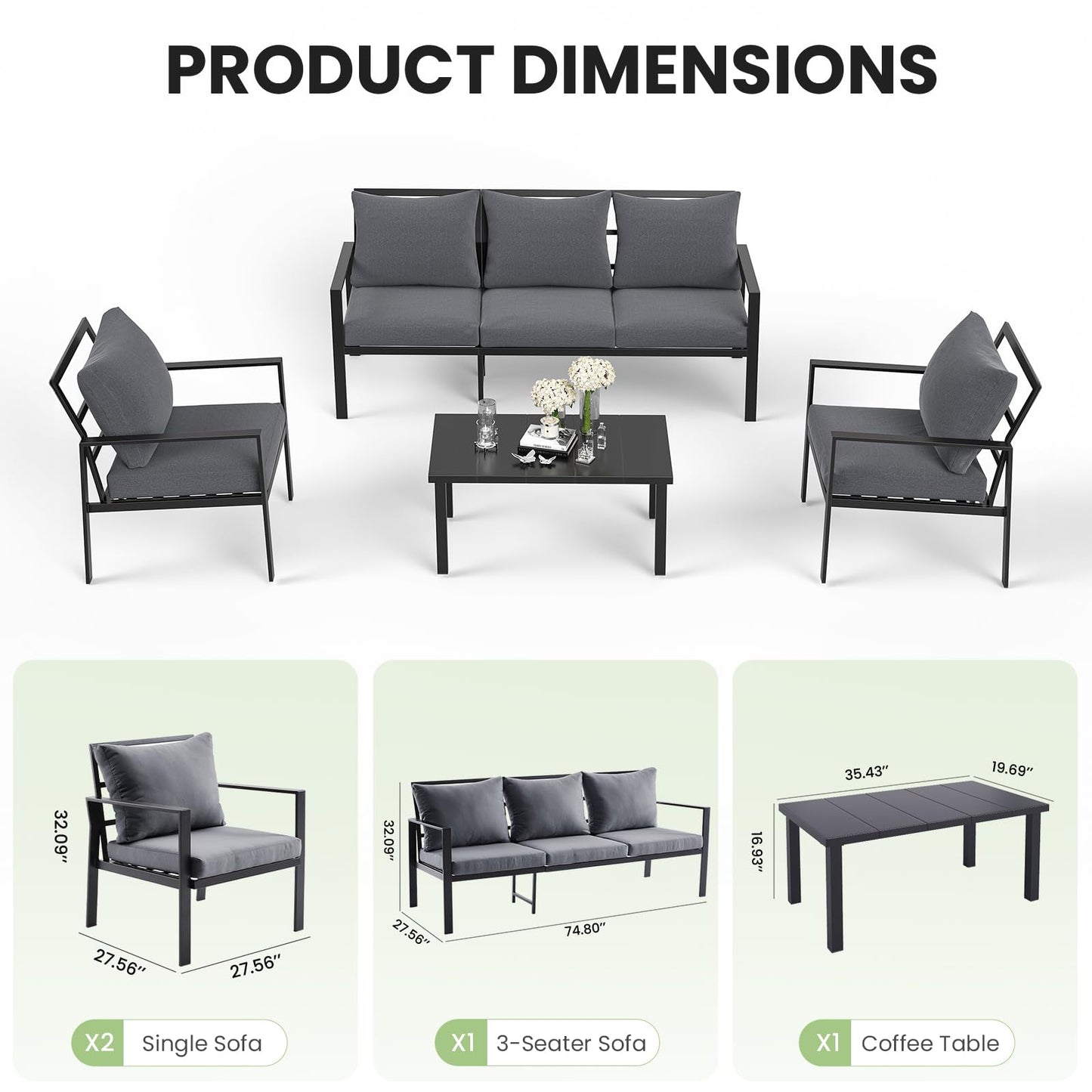 Soohow Patio Furniture Set,5 Pieces Outdoor Patio Furniture with Coffee Table Set,Metal Conversation Set with Waterproof Fabric & High-Resiliency Cushions(Grey)