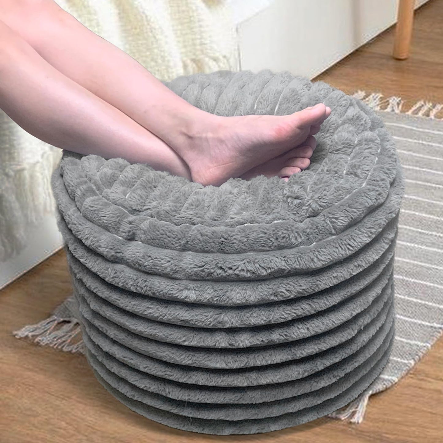 Pouf Ottoman Stuffed Round for Foot Rest, Faux Fur Poufs with Foam Chunk Filling, Storage Ottoman Pouf Foot Stool Cushion, 20 X 15 Inch Floor Chair for Living Room Bedroom Home Decor, Light Gray