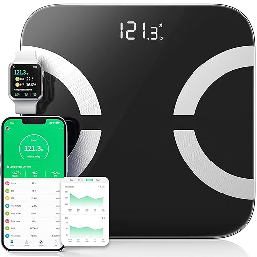 Smart Scale for Body Weight, Digital Bathroom Scale LED Display, BMI, Body Fat, Muscle Mass 18 Body Composition Monitor Health Analyzer Sync Fitness Apps (Black)