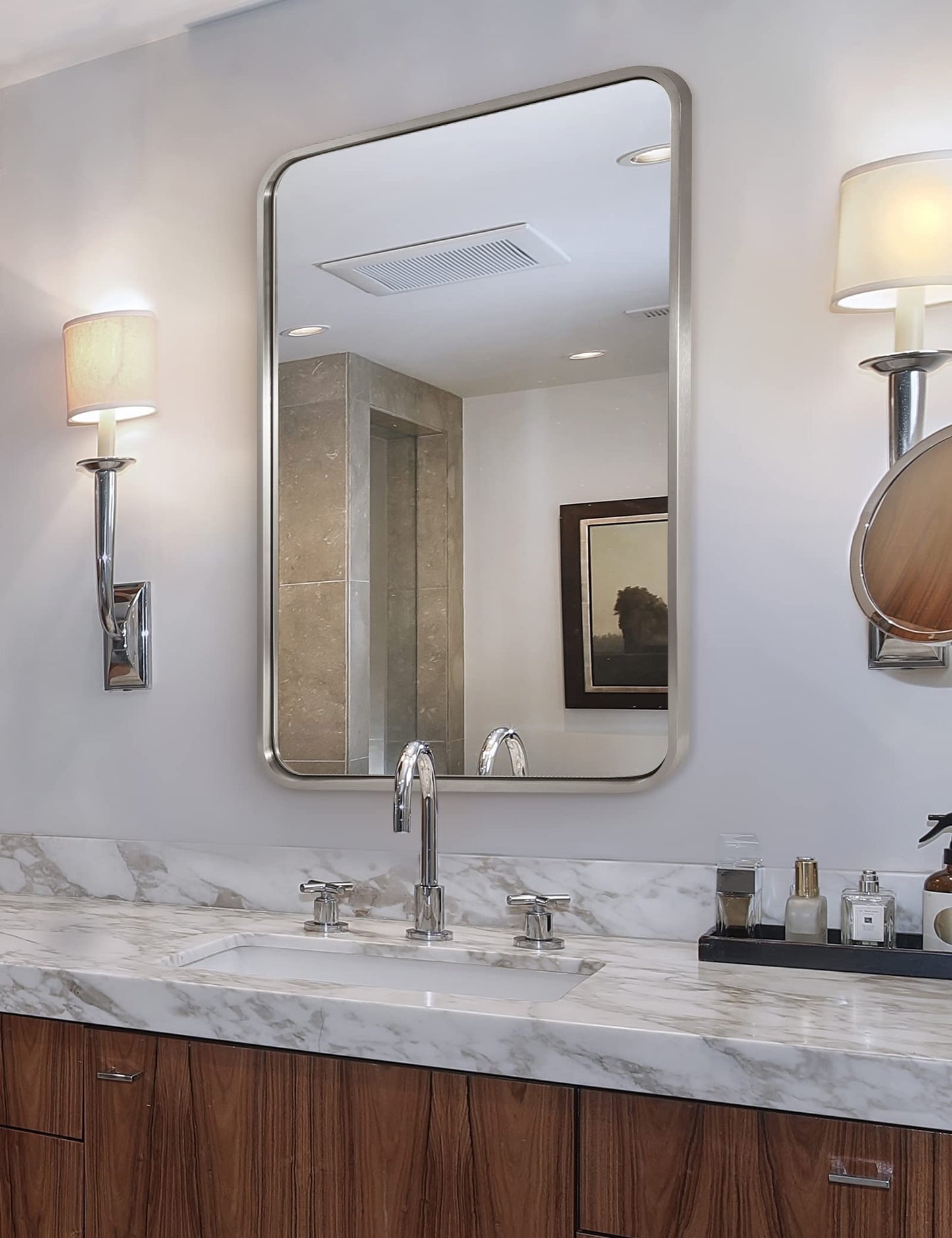 ANDY STAR Brushed Nickel Bathroom Mirror, 22x30'' Rounded Rectangle Modern Vanity Mirror, SUS304 Metal Tube Framed, Rustproof, 1'' Deep, Wall Mounted Vertically/Horizontally