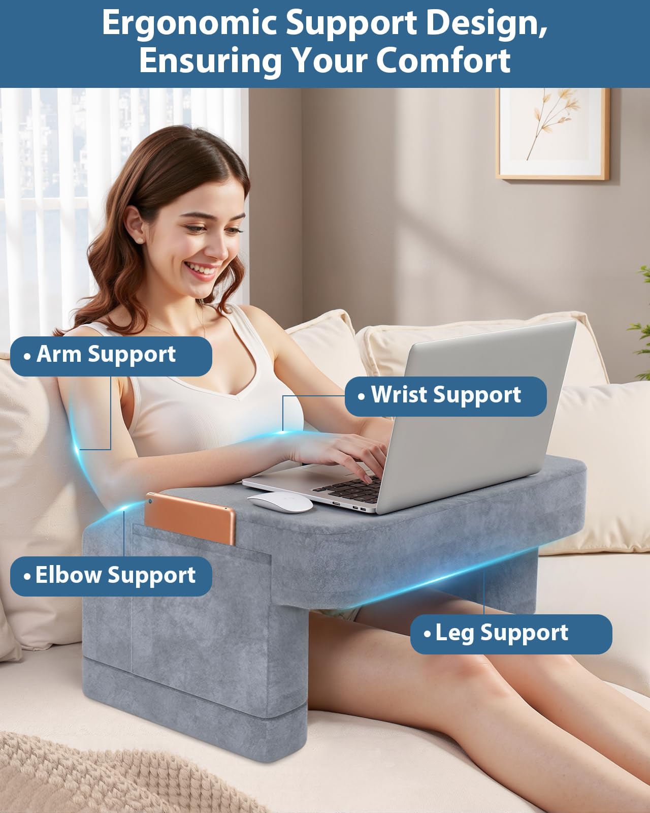 Gobelief Reading Pillow Adjustable, Gaming Pillow for Laptop, Lap Desk Pillow with Pockets for Reading Gaming Working Playing Crocheting in Bed Floor Sofa Car