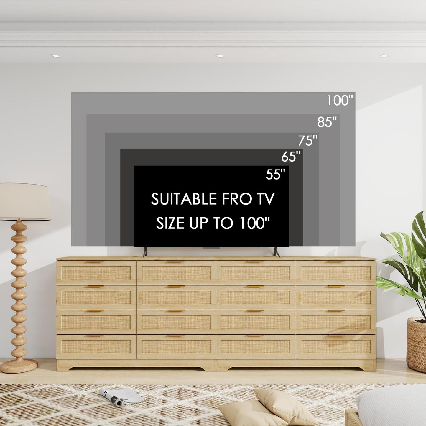 HOPUBUY 8 Drawer Dresser for Bedroom, Rattan Modern Closet Dressers Chest of Drawers, Boho Wood Double Wicker Dresser Storage Closet for Bedroom, Living Room, Entryway (Natural)
