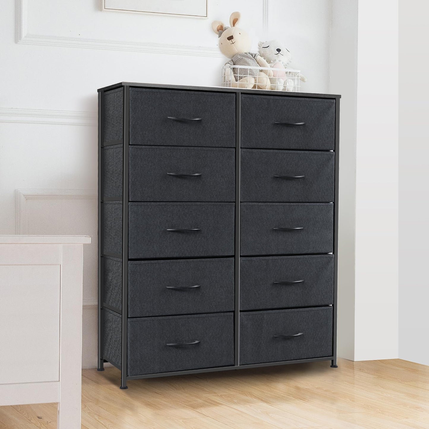 Sonharlar Dresser for Bedroom with 10 Drawers, Chest of Drawers, Storage Drawers Organizer Unit, Black Wide Fabric Dresser with Fabric Bins for Closet, Living Room, Entryway (Black and Charcoal Black)