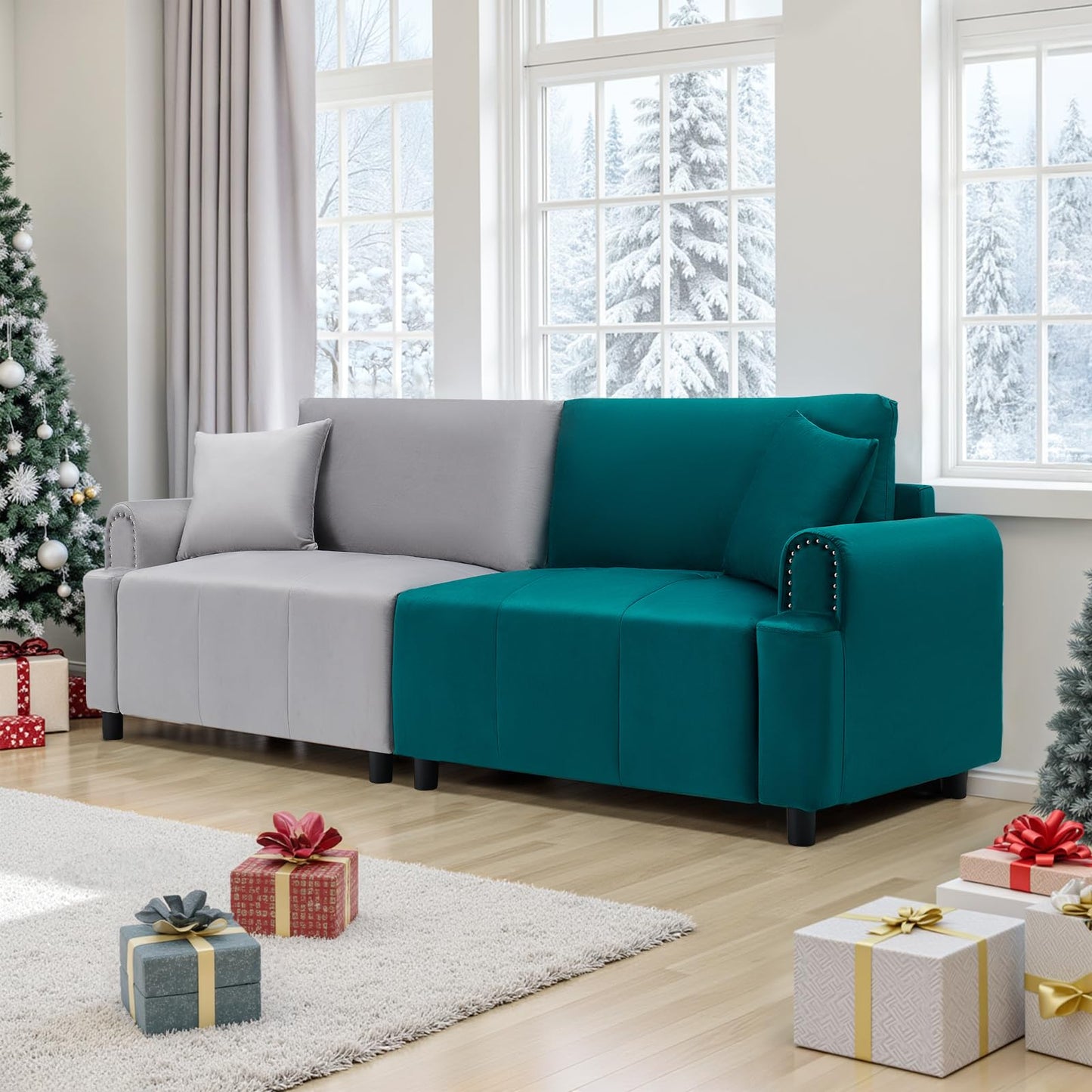 PLANNTONNEO 87" Sectional Sofa Modular Deep Seat Sofa Couch, Futon Sofa Bed,Modern Velvet Sofa Sleeper with USB Ports Comfy Upholstered 3 Seater Couches for Living Room Apartment Bedroom, Green+Gray