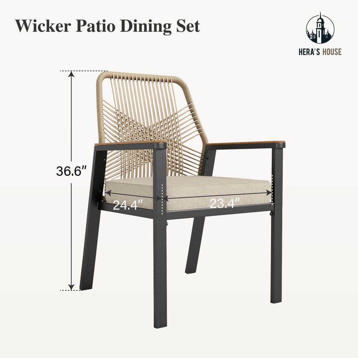 HERA'S HOUSE Outdoor Chairs Set of 4, 36.6" Rattan Dining Chairs with Heavy-Duty Wrought Iron Metal Frame, All-Weather Patio Chair for Garden Lawn Backyard Kitchen Deck