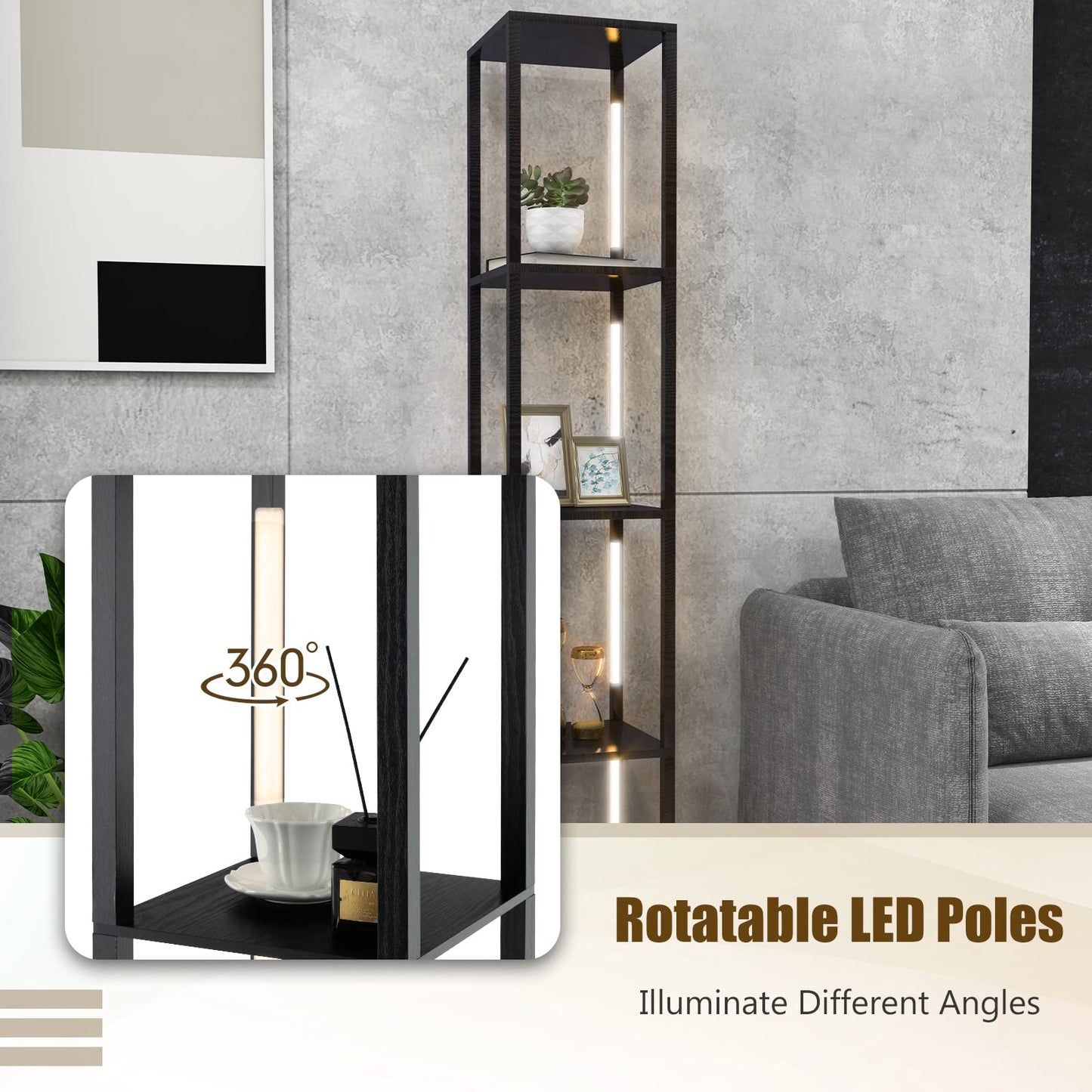 Tall Floor Lamp with Shelves, 3-Level Dimmable LED Light, Rotatable Poles, Foot Switch, 4-Tier Reading for Living Room, Bedroom, Office Decor