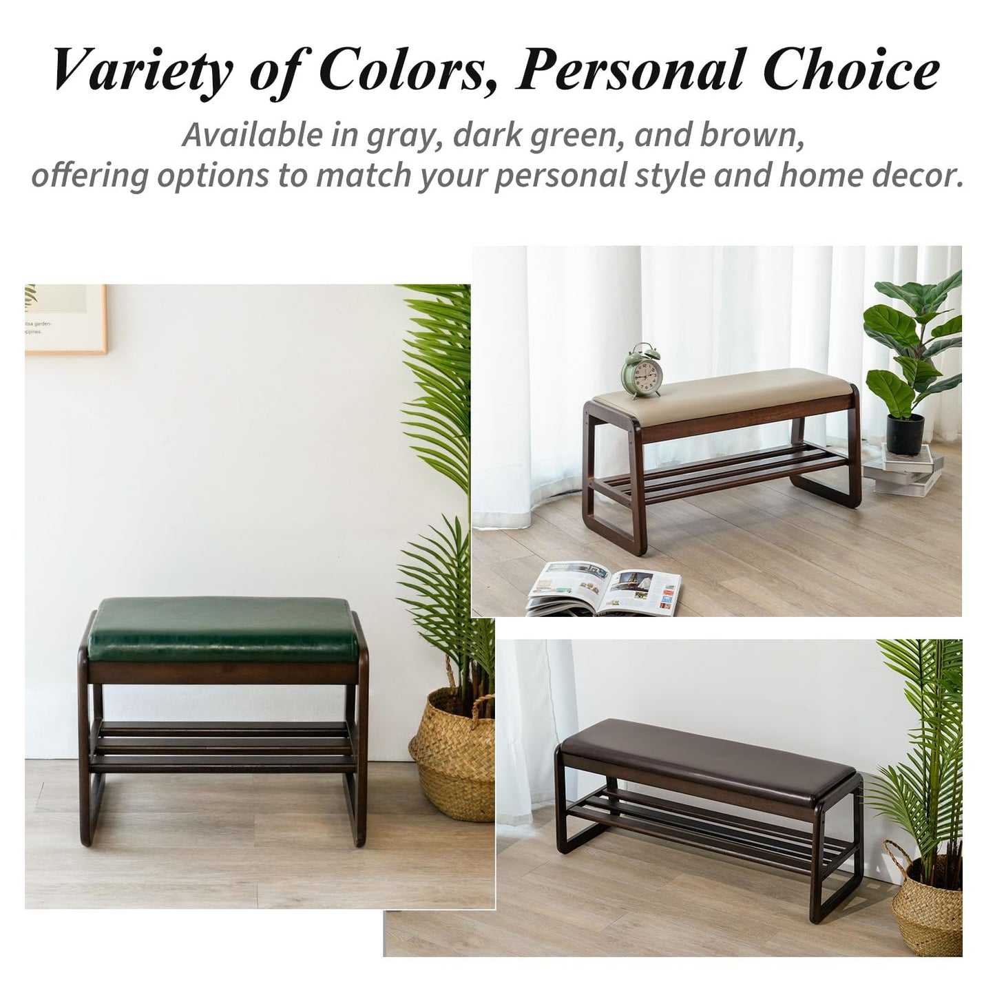 Cttasty Grey Shoe Bench, Entryway Bench with Leather Cushion, Solid Wood Shoe Rack, Mid Century Modern Bench, Shoe Storage, Shoe Organizer for Entryway, 21.7 L x 11.8 D x 16.5 H Inches