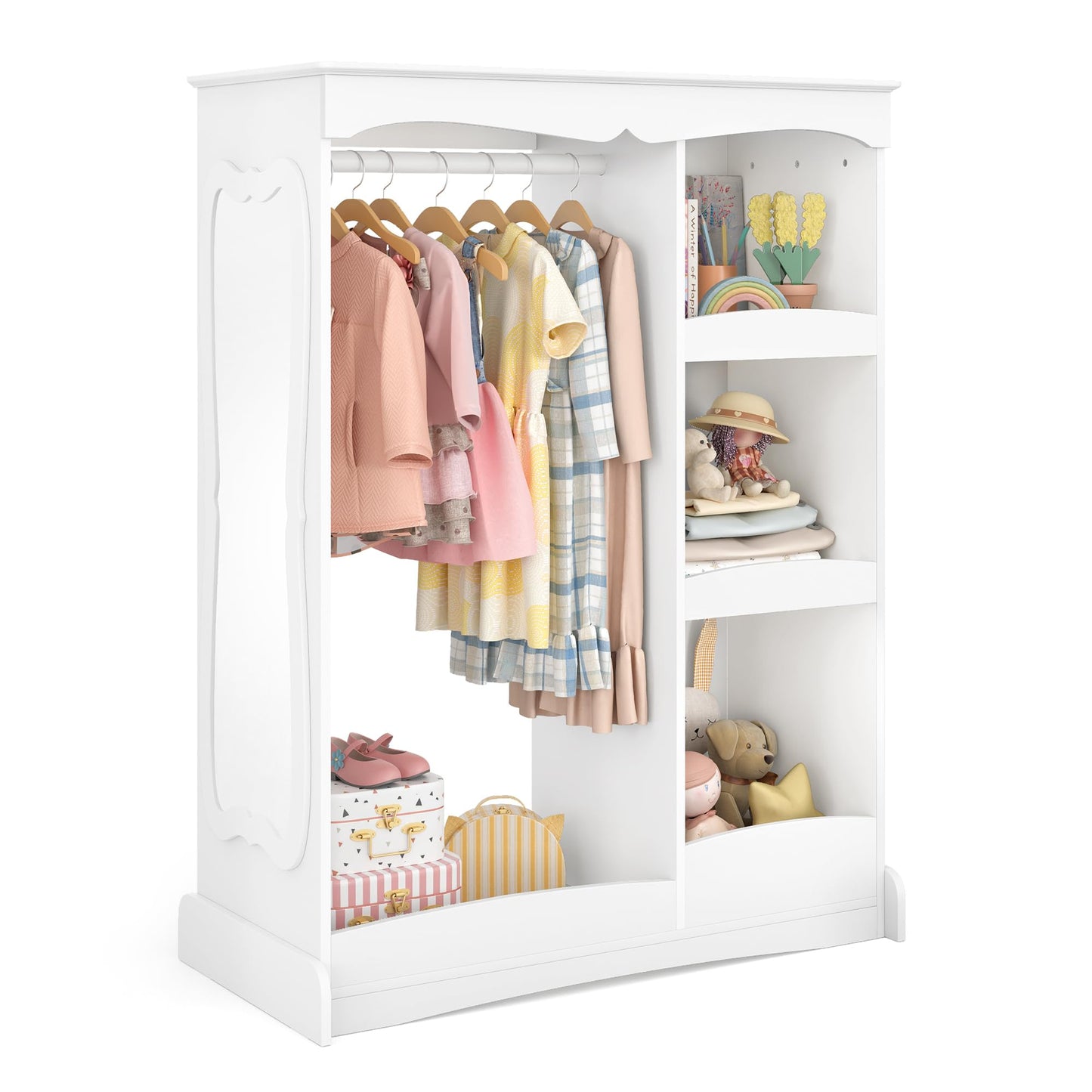 Curipeer Kids Dress Up Storage with Flower Mirror, Open Hanging Closet Wardrobe for Children, Kids Armoire & Costume Organizer for Bedroom Playroom Preschools Classroom, White