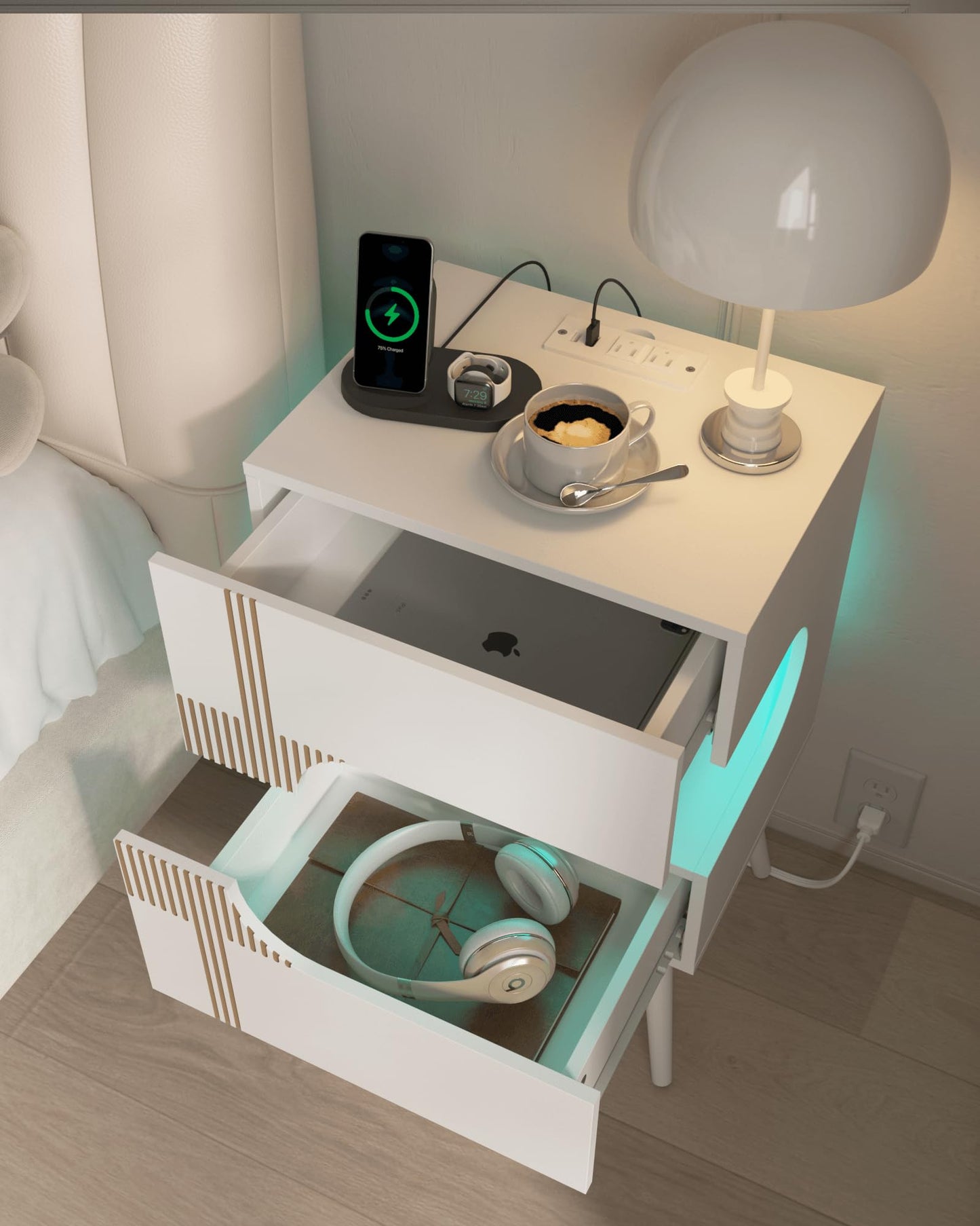 JOONEE White Nightstand with Charging Station and LED Lights,Modern Bedside Table with 2 Storage Drawer,Night Stand with Solid Wood Legs,White (White-2)