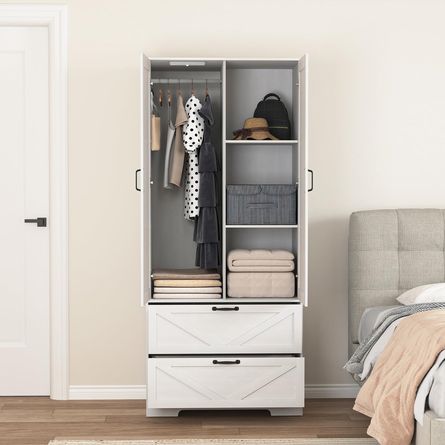 UZUGUL Armoire Wardrobe Closet with Mirror and 2 Drawers, 72'' Bedroom Armoire Wardrobe Cabinet with Hanging Rod and Light,Wooden Bedroom Closet with Adjustable Shelf
