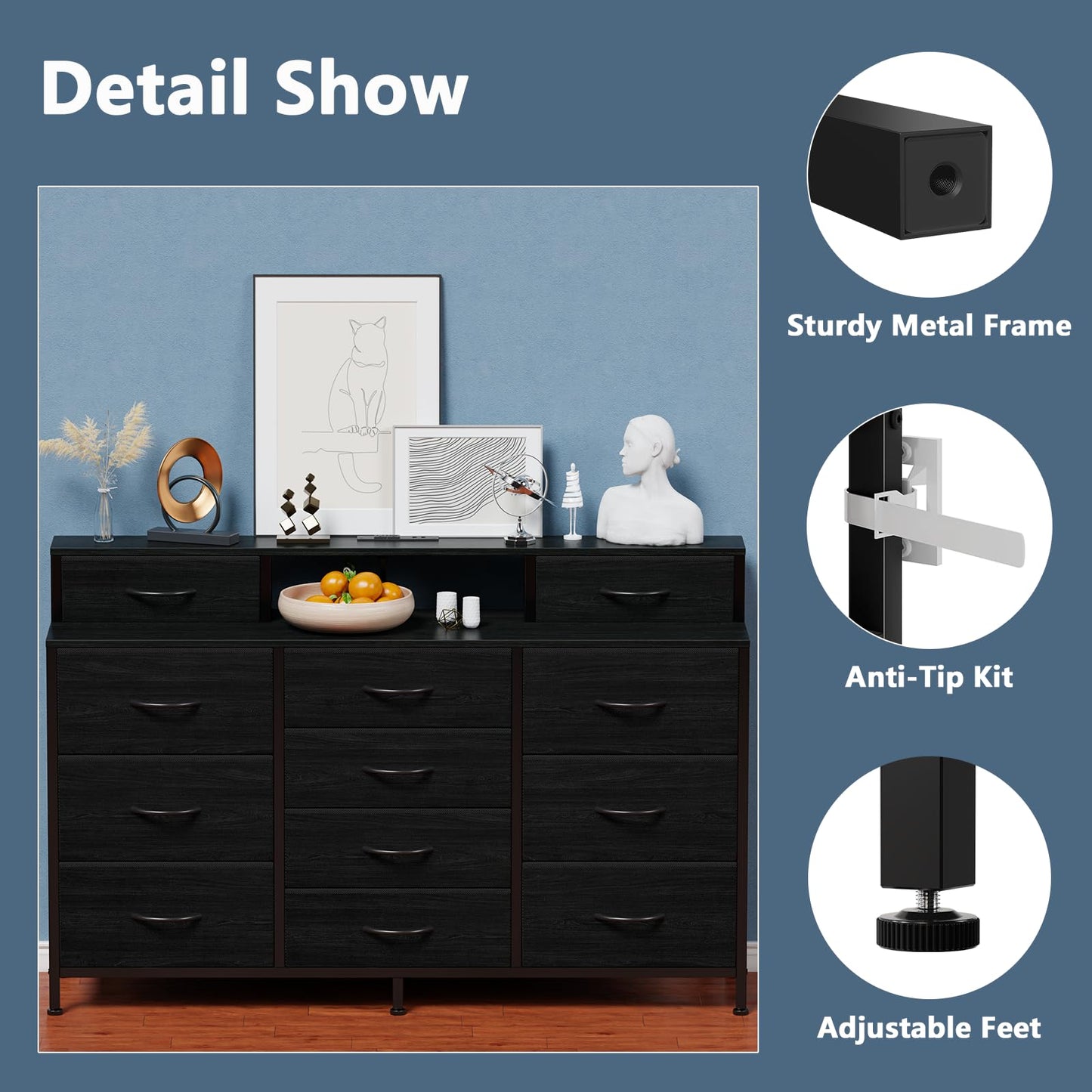 Furnulem 55" W Dresser for Bedroom with LED Lights and Power Outlets,Black Large 12 Storage Drawers Long Fabric Chests Dressers with 2 Shelves for Closet,Living Room,Entryway,Wooden Top,Metal Frame