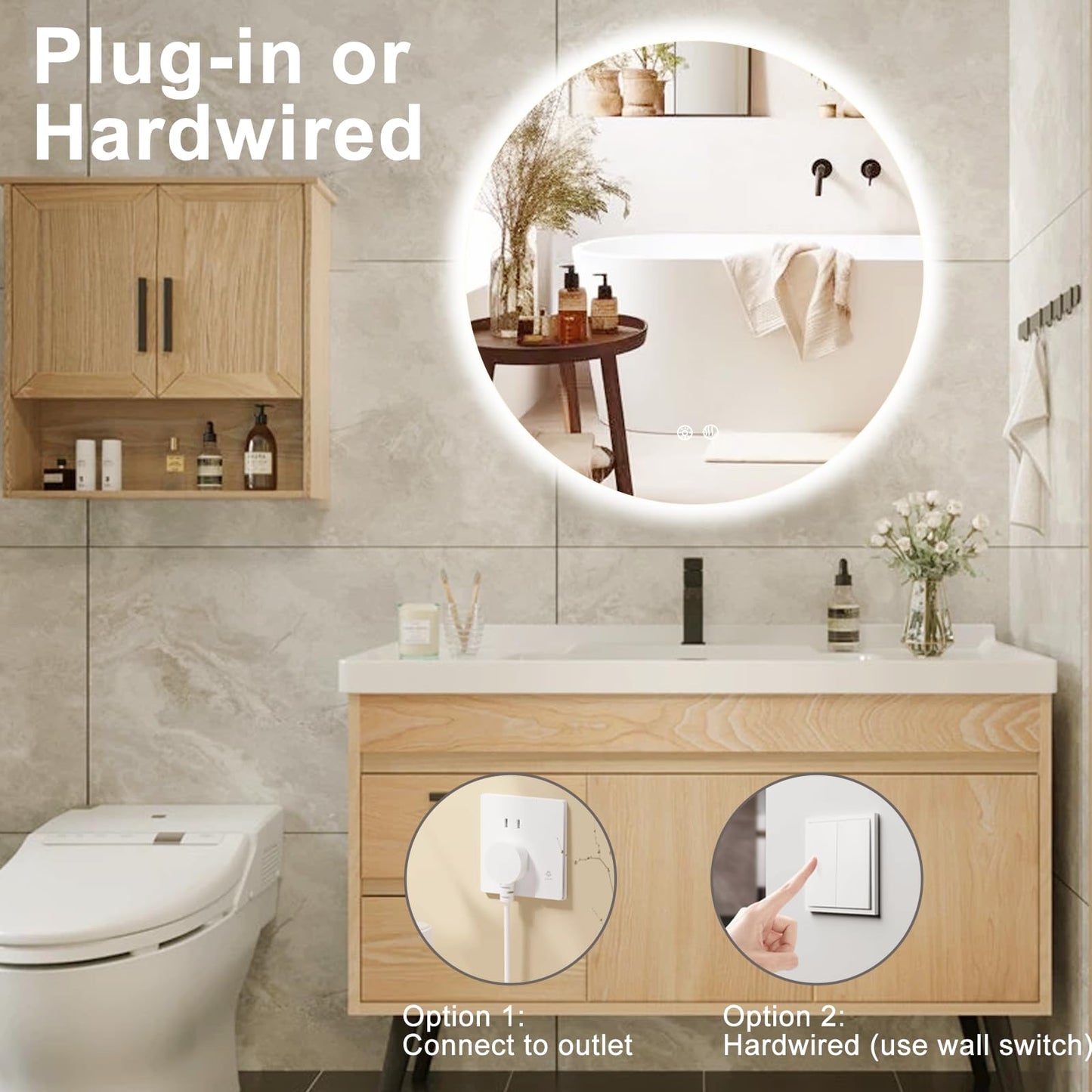 BuLife 36 Inch Round LED Bathroom Mirror Backlit Anti-Fog Wall Mounted Lighted Bathroom Vanity Mirror 3 Colors Light Dimmable Smart Makeup Mirror with Touch Switch