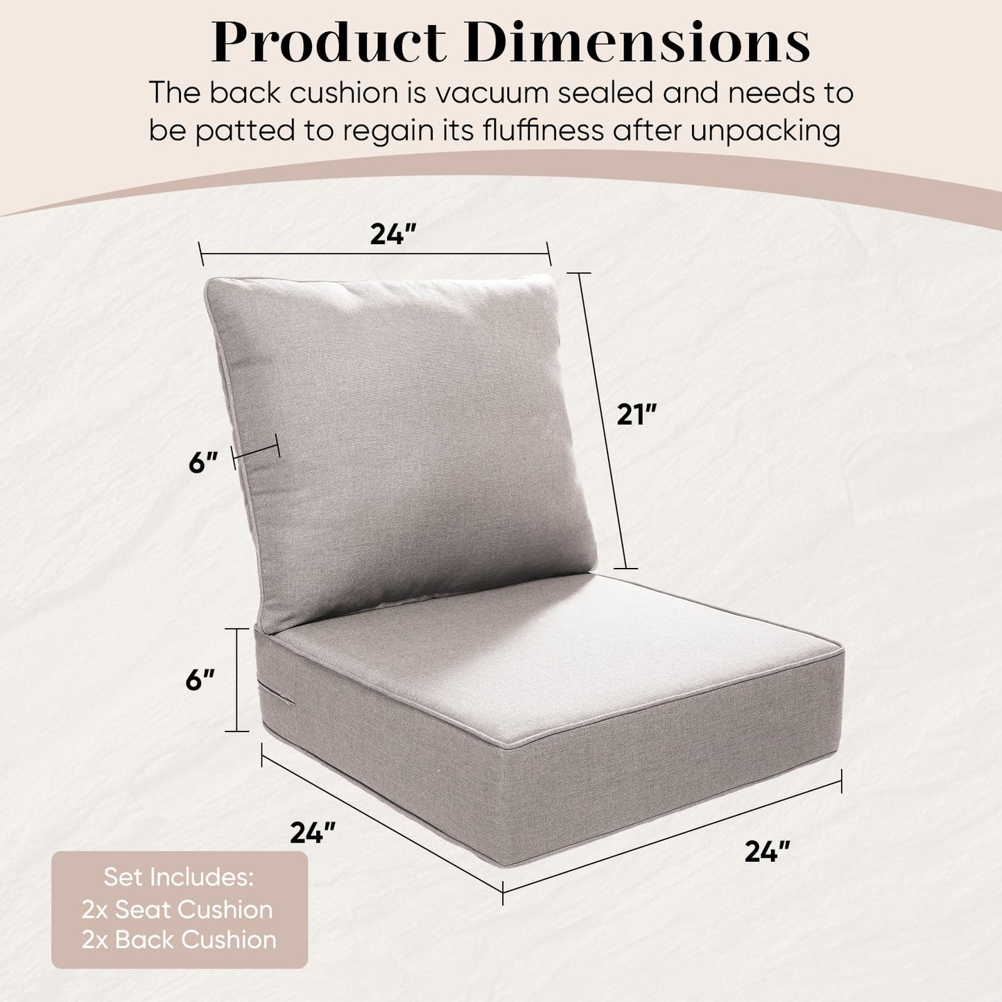 Outdoor Seat Cushion Set-24 x 24 x 6 Inch Outdoor Chair Cushions Set of 2 with Water Resistant & Removable Cover Outdoor Cushions for Patio Furniture Chair Sofa Couch-Beige