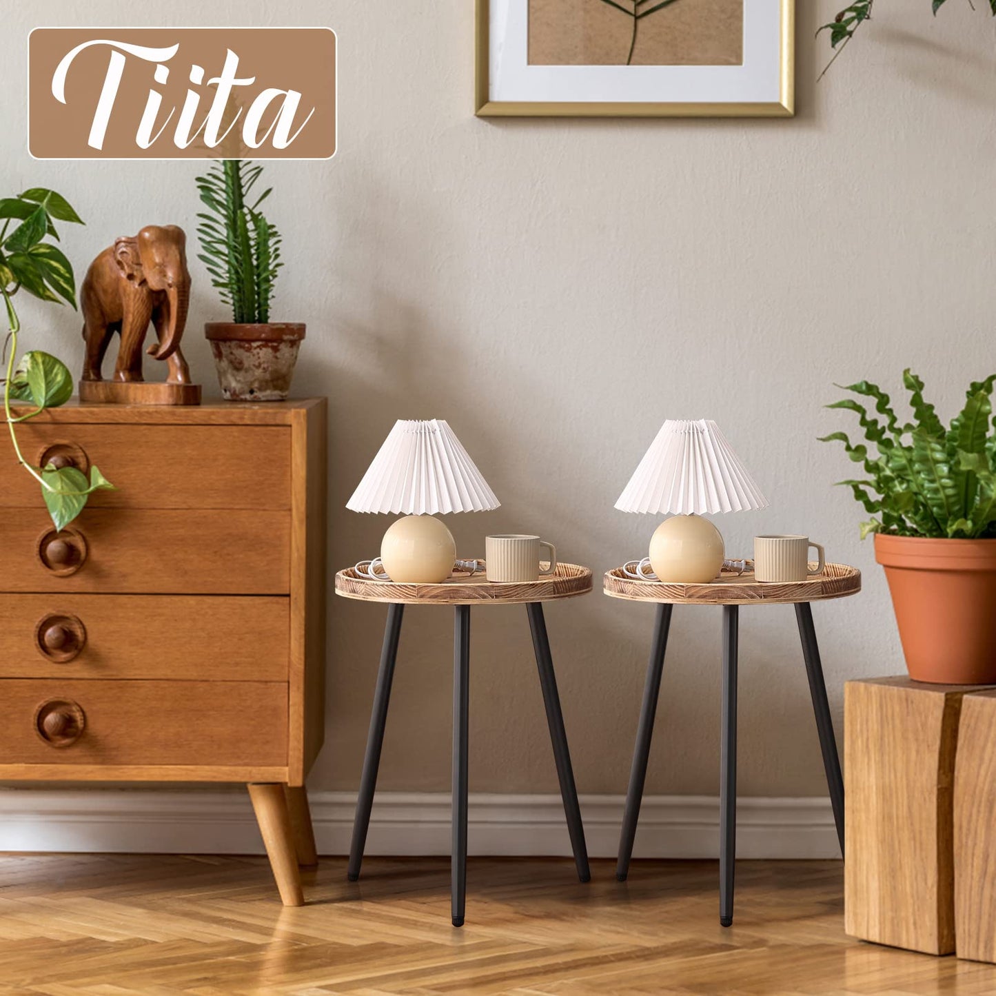 Tiita Round End Table Mental Side Table Nightstand/Small Wood Tables Accent Coffee Table with Wooden Tray for Living Room Bedroom Office Small Space