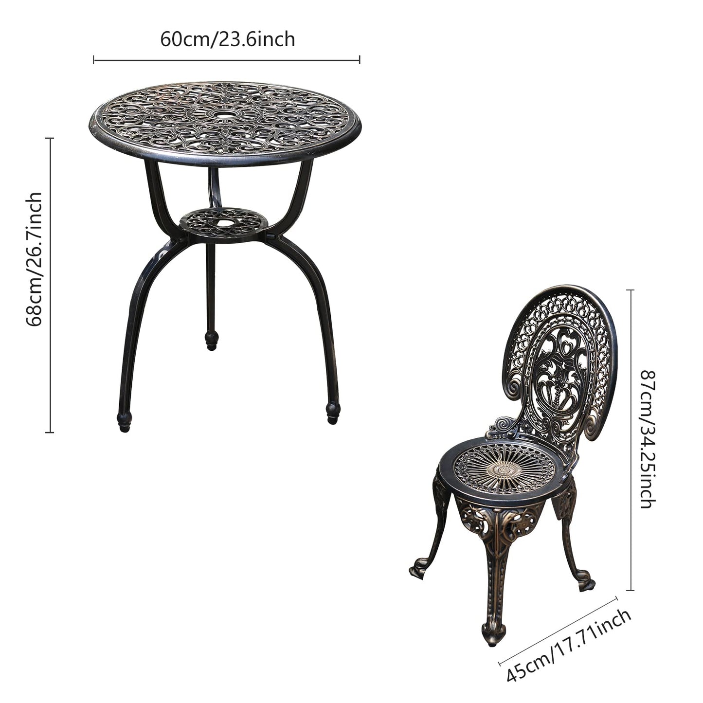 JARDIN DE CENTENNIAL Patio Bistro Set.Rust-Resistant Cast Aluminum Bistro Table Set with Umbrella Hole for Backyard (Crown Copper)