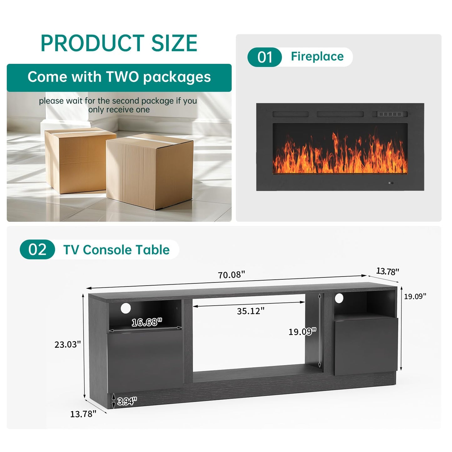 oneinmil 3-Piece Living Room Table Set Includes A 70'' Modern Fireplace TV Stand with 36'' Electric Fireplace, 2 Side Tables with Storage Space for Living Room, Bedroom, Black