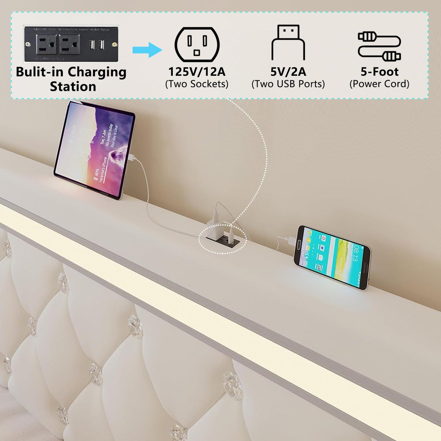 Forrise Bed Frame Queen Size with Storage Drawers and LED Light, 2 Sockets and 2 USB Ports, Adjustable Headboard with PU Leather Upholstered, No Box Spring Needed, Wooden Slats Support, White.