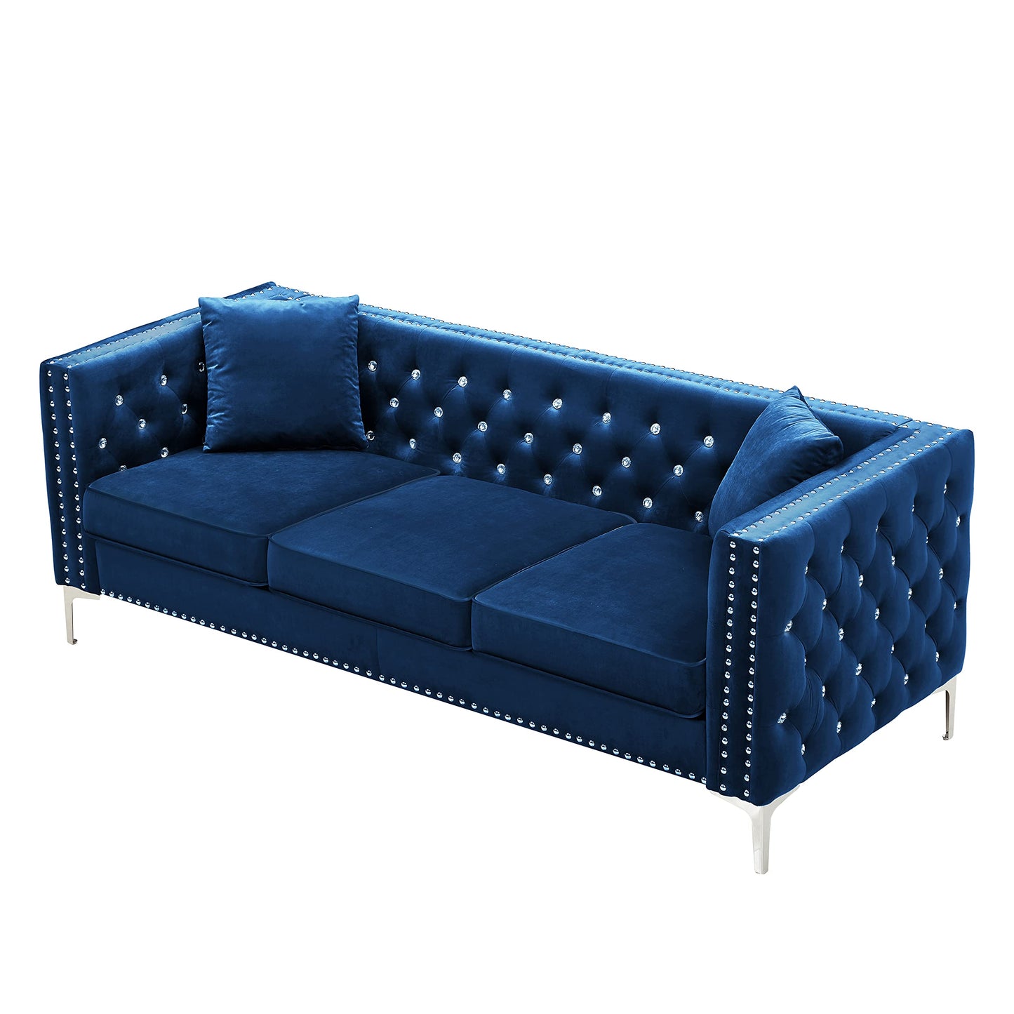 Fulocseny Luxury Velvet Sofa for Living Room 82", Jeweled Buttons Tufted Square Arm Couch, Modern Upholstered Couch Classic Chesterfield Sofa with 2 Pillows & Metal Legs (Blue, 3-Seater)