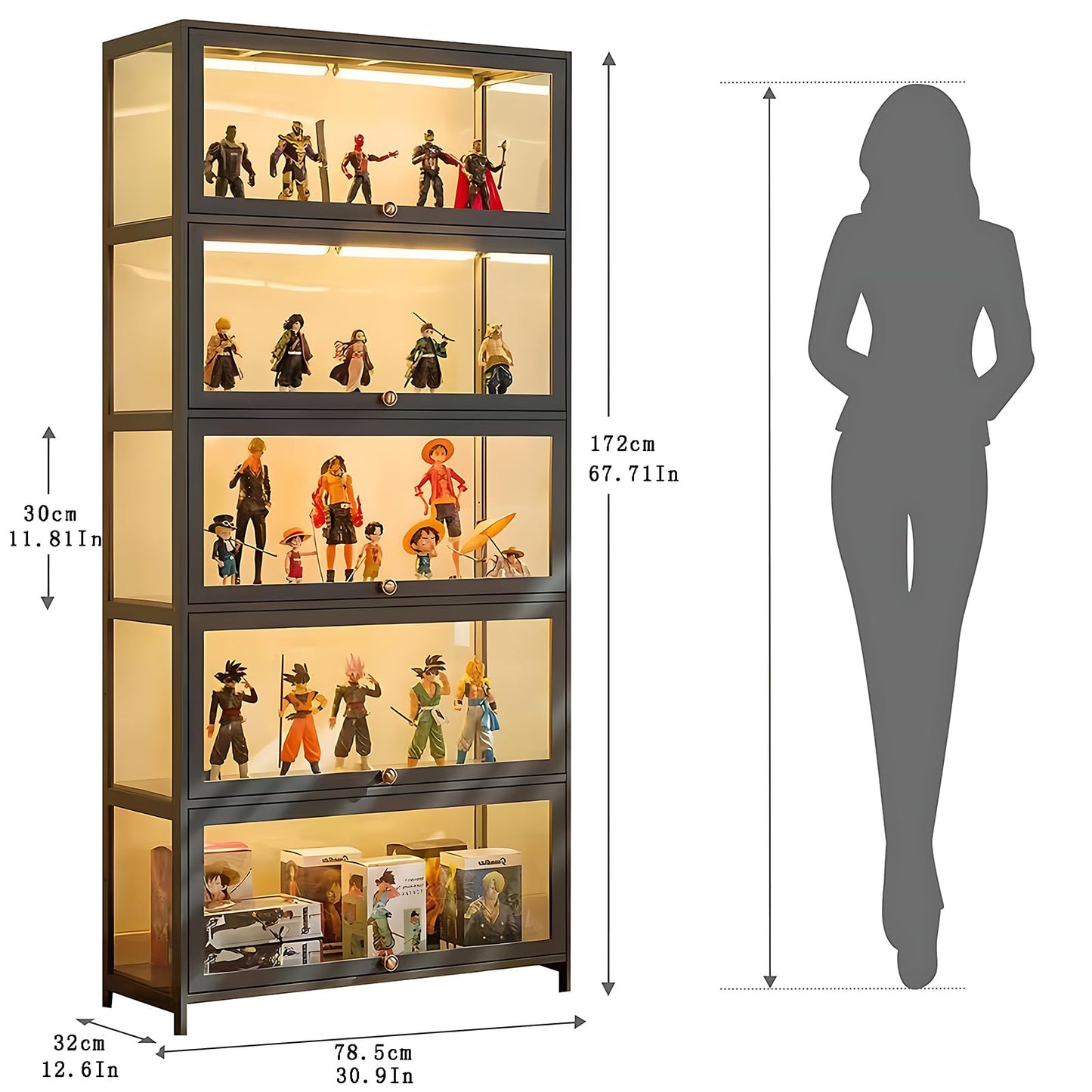 ouioyggk Display Cabinet with Acrylic Glass Door, 5-Tier Curio Display Case, Collectibles Toy Organizers Rack & Display Shelf, Kids Bookcase for Home, Office, Playroom, Living Room, Grey