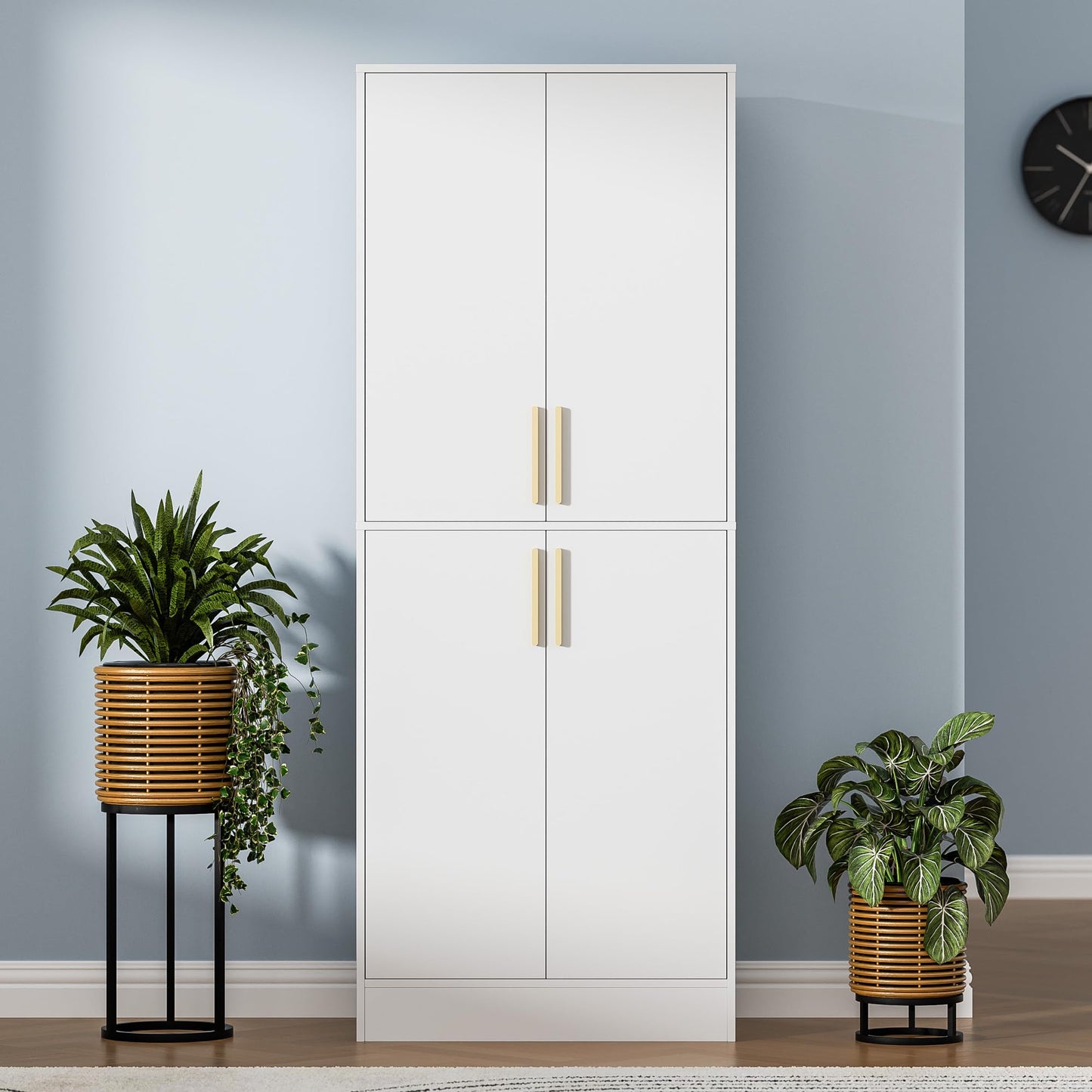 Housoul 71" Tall Pantry Cabinet with 4 Doors, Kitchen Pantry Storage Cabinet, Freestanding Larder Cupboard, Kitchen Hutch with Gold Handles for Dining Room, Bathroom, White