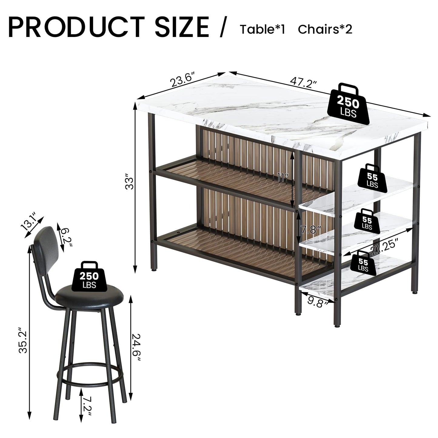 Recaceik Kitchen Island with Storage Small Dining Table for 2, Bistro Table and Chairs Set of 2 W/ 5 Shelves with PU Stools (White)