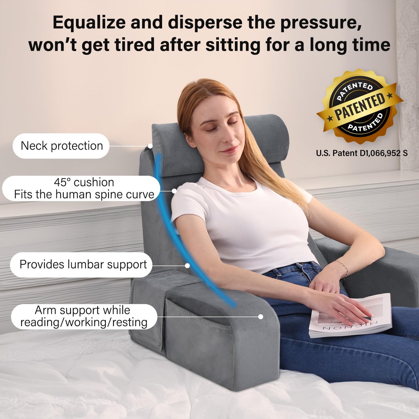 ENITYA Reading Pillow for Sitting in Bed Adult, 19" Back Pillow for Bed Sitting up, Backrest Cushion for Reclining/Reading/Gaming/Resting/Watching TV, Bedrest, Couch or Floor, Medium(Grey)