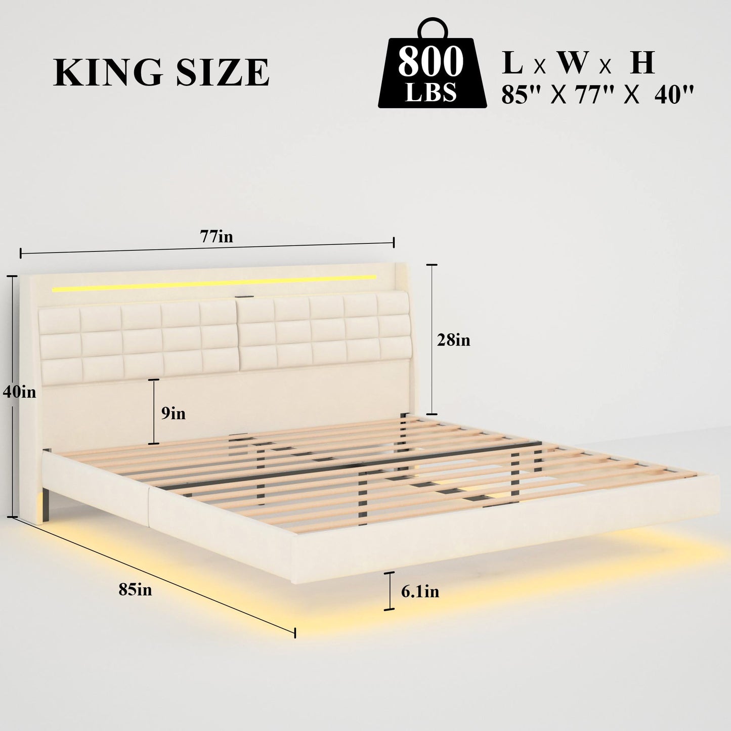 FSTAR King Size Floating Bed Frame with Storage Headboard & LED Lights, Velvet Upholstered Platform Bedframe with Charging Station, Wooden Slats Supports, No Box Springs Needed, Beige