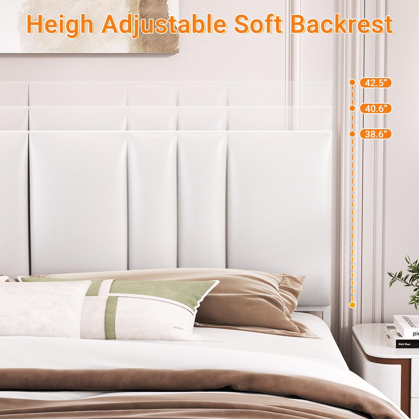 Cyclysio King Metal Bed Frame with Headboard, King Size Bed Frame with Charging Station and LED Lights, Height Adjustable PU Leather Headboard, Strong Metal Slats Support, No Box Spring Needed, White