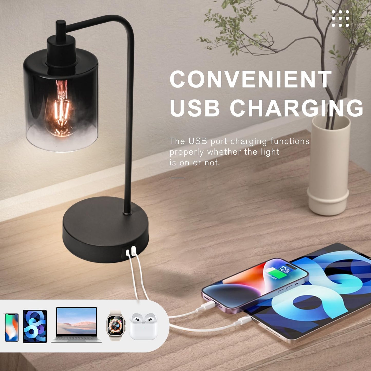 Modern Table Lamps for Bedroom Set of 2 with USB Ports, 3 Way Dimmable Touch Lamp for Night Stands, Industrial bedside lamp with charging station, Black Small Nightstand Lamp for Living Room End Table