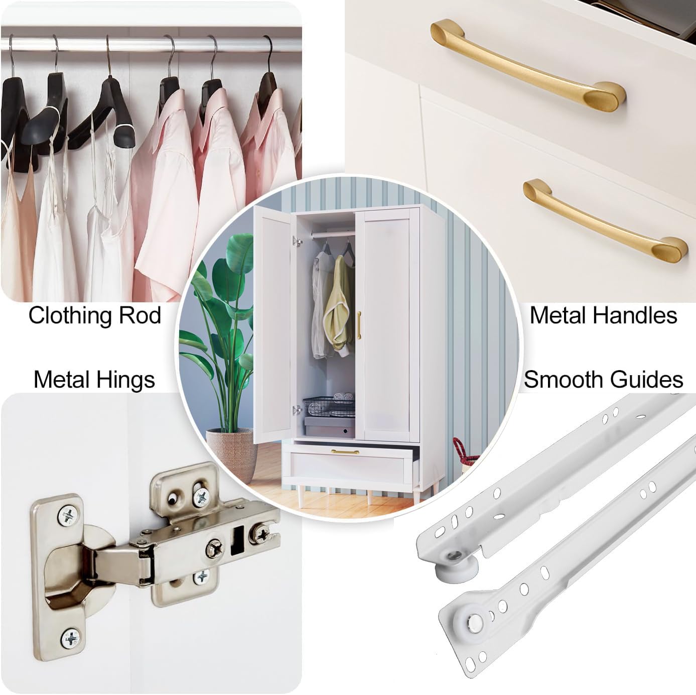 ALBSL Bedroom Armoire Wardrobe Closet with Hanging Rod,60" 2 Door Almirah for Clothes with Drawers,Morden Storage Cabinet,White