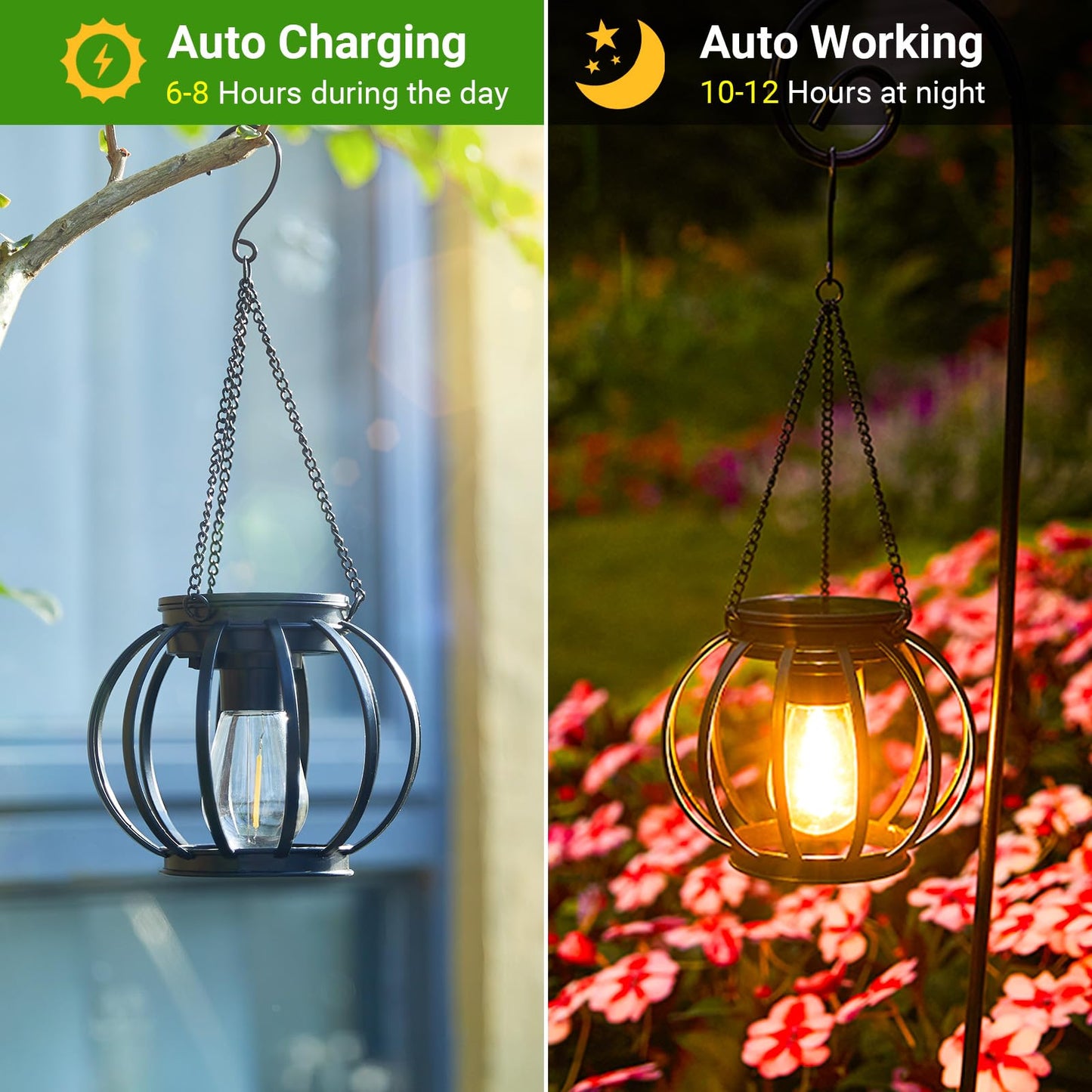 KOOPER Solar Lanterns Outdoor Waterproof, Upgraded Metal Hanging Solar Lights Outdoor Lanterns, Brighter Auto On/Off Outdoor Hanging Lantern for Yard Patio Pathway Porch Garden Decor 2 Pack