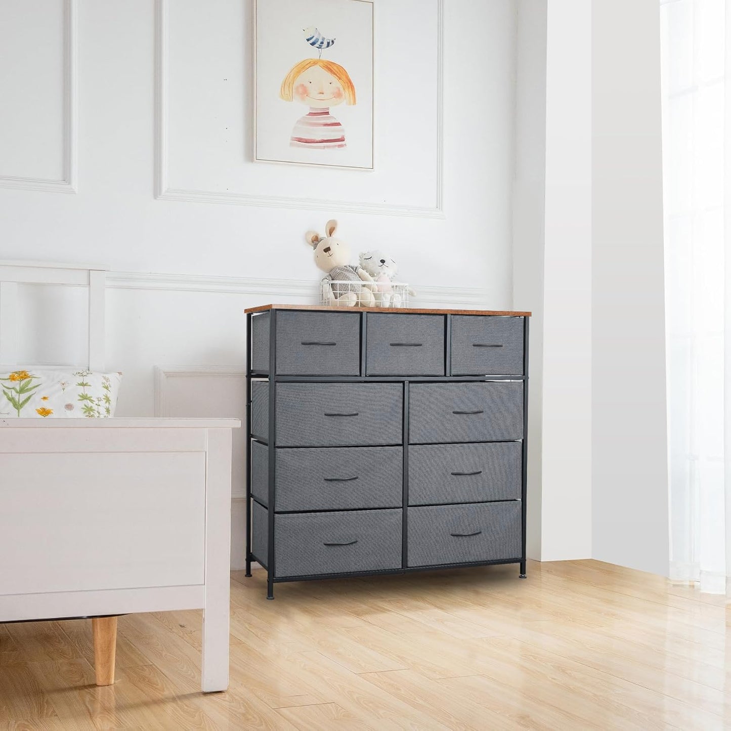Sonharlar Dresser for Bedroom with 9 Drawers, Chest of Drawers, Storage Drawers Organizer Unit, Grey Wide Fabric Dresser with Fabric Bins for Closet, Living Room, Entryway (Grey and Rustic Brown)