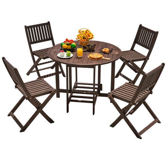 Devoko 5 PCS Patio Furniture, Patio Dining Set Acacia Wood Outdoor Table and Chairs, with 4 Folding Chairs and 37" Round Movable Table, Outdoor Dining Set for Lawn, Balcony, Garden (Deep Brown)